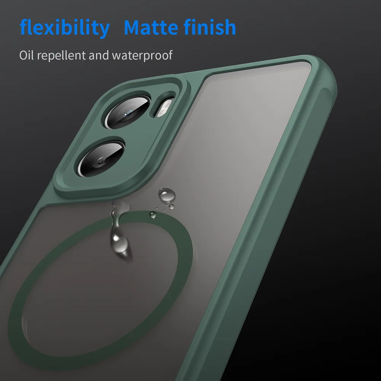 Coque de téléphone verte avec dos transparent. Des gouttes d'eau sont sur la coque. Le texte dit flexibilité, finition mate, hydrofuge.