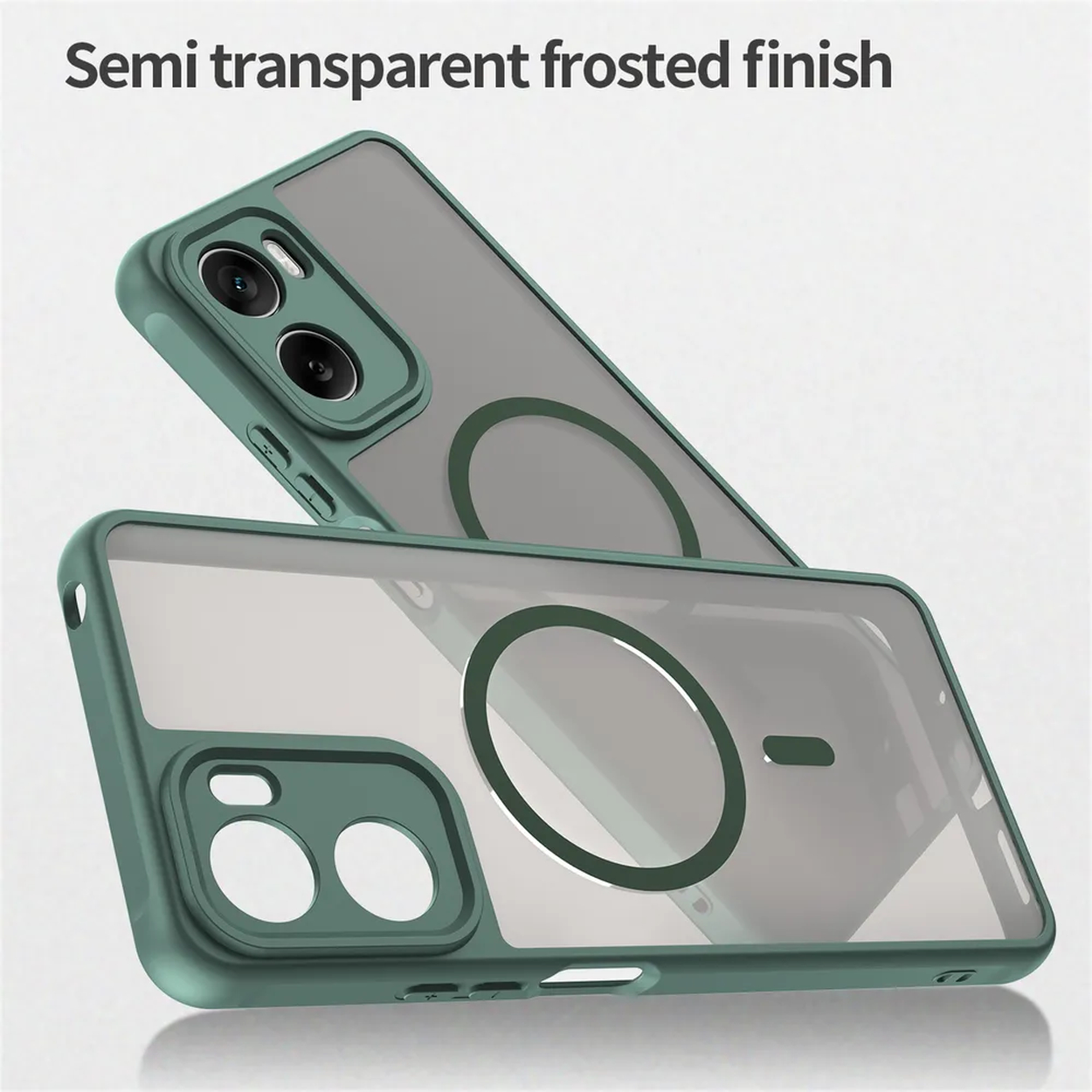 Deux coques de téléphone vertes avec dos transparents sont empilées. Les coques ont des découpes pour l'appareil photo et un anneau magnétique. Finition givrée.