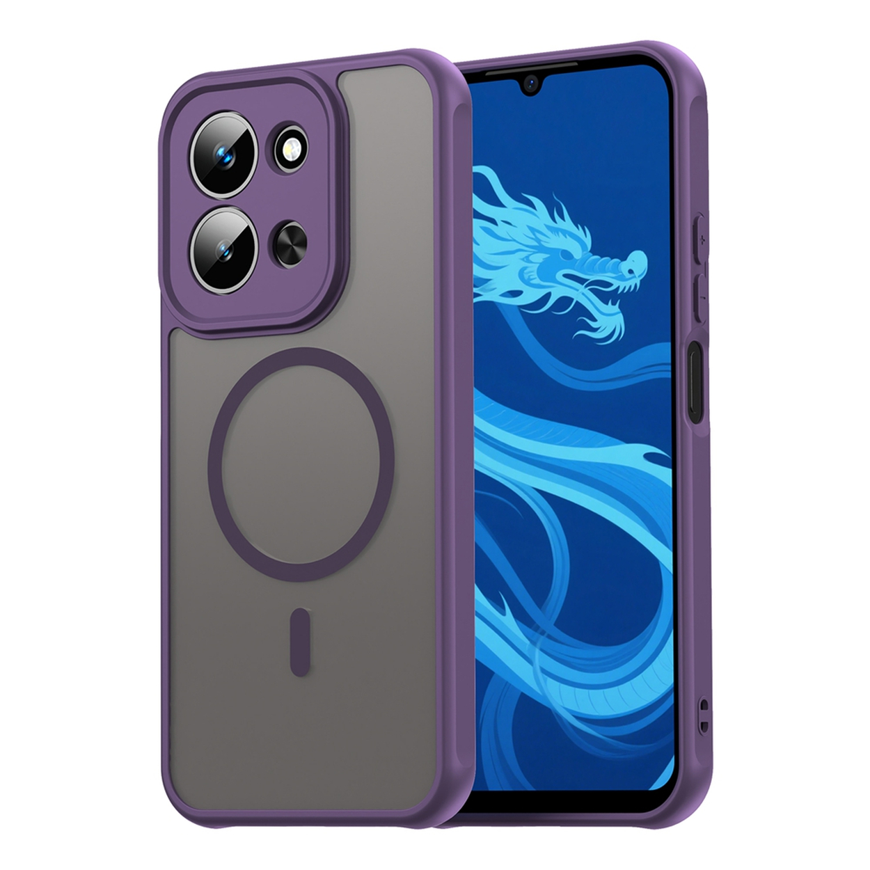 Een paarse telefoonhoes met een telefoon erin. Het telefoonscherm toont een blauwe draak.