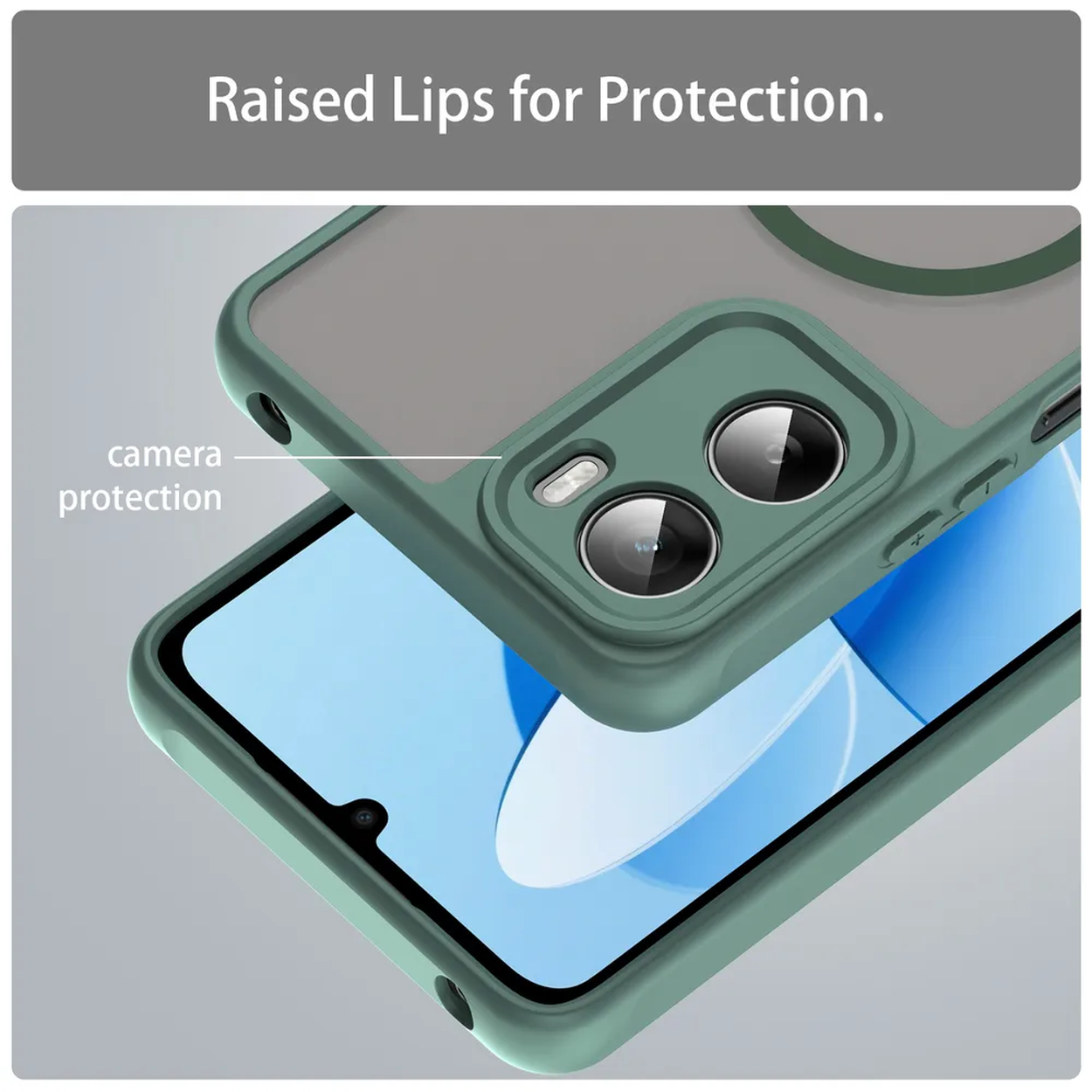 Une coque de téléphone est affichée, mettant en évidence la protection de l'appareil photo. La coque est verte, avec des bords surélevés.