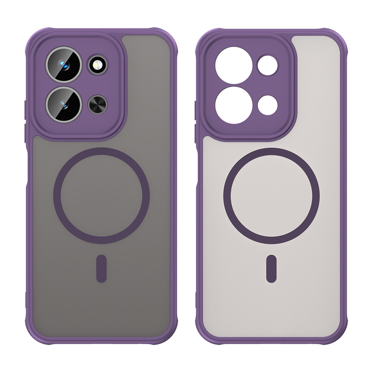 Twee telefoonhoesjes. Een grijze en paarse, de andere witte en paarse. Beide hebben camera-uitsparingen en een cirkelvormig ontwerp.