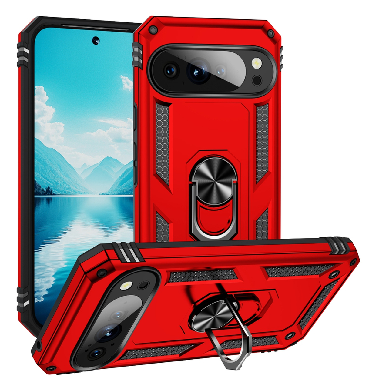 Rode telefoonhoes met ringhouder, toont een telefoon met berglandschap. Een andere hoes eronder.