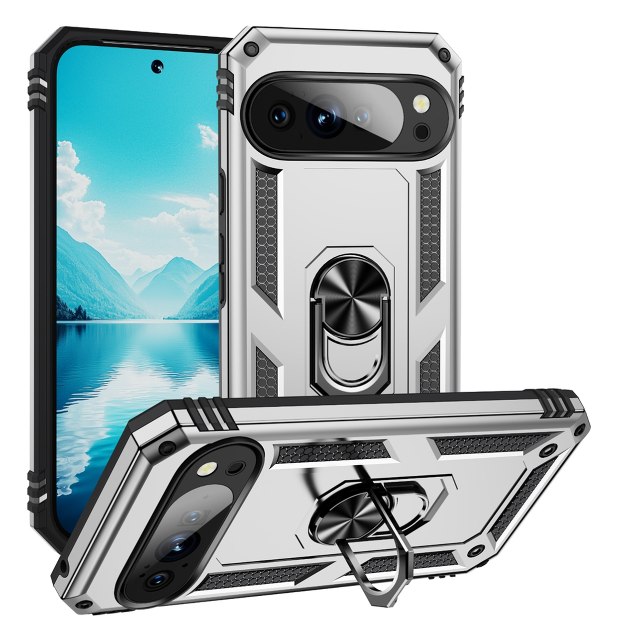 Zilveren telefoonhoesje met ringstandaard. Telefoonscherm toont bergen. Hoesje heeft camera-uitsparing en zwarte accenten.