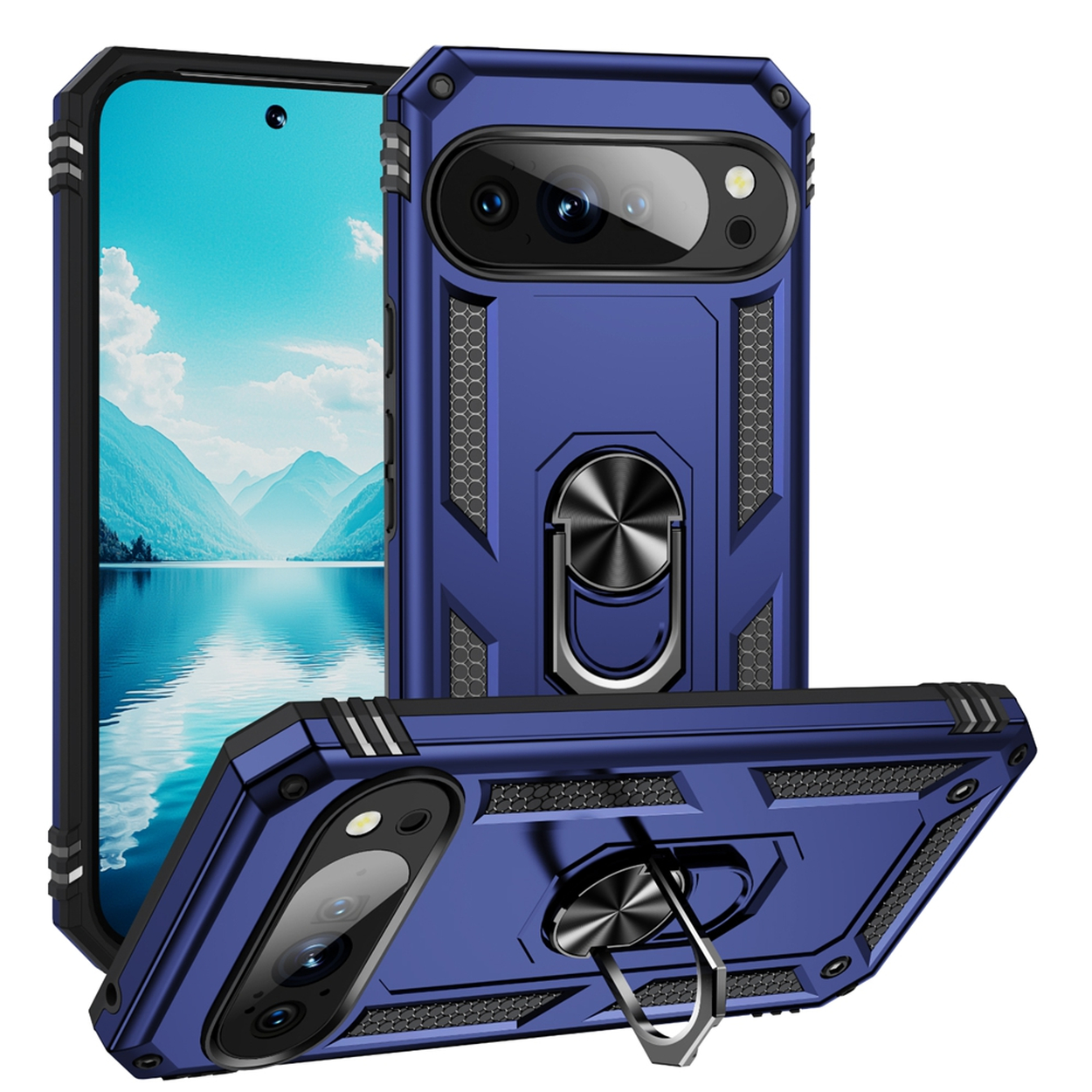 Een blauwe telefoonhoes met een ringhouder en een telefoon met een berglandschap. De hoes is schuin en toont cameradetails.