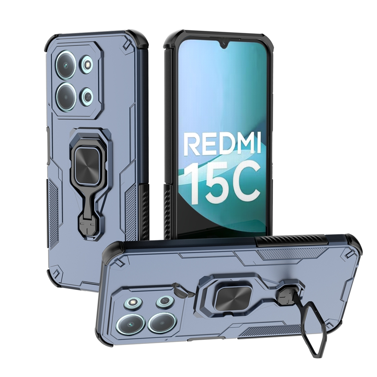 Drie telefoonhoesjes: blauwgrijs, zwarte rand en een Redmi 15C telefoon. Hoesjes hebben ringhouders en camera-uitsparingen.