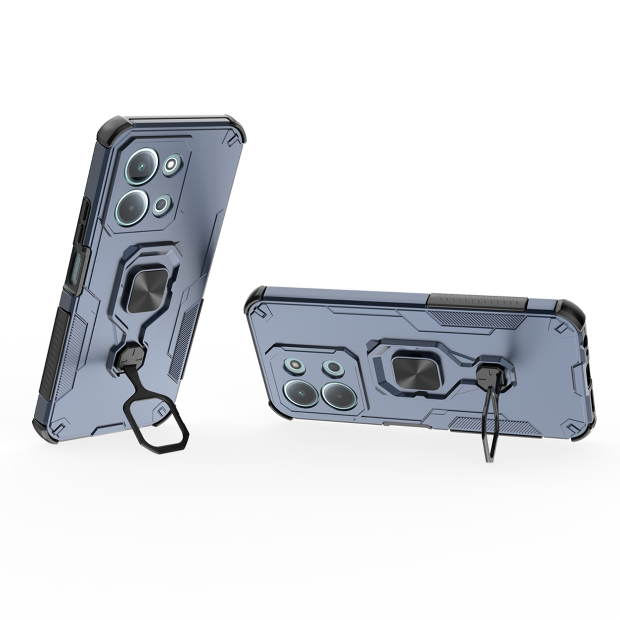 Twee blauwe telefoonhoesjes met ringhouders op een wit oppervlak. De hoesjes hebben camera's en staan in verschillende hoeken.