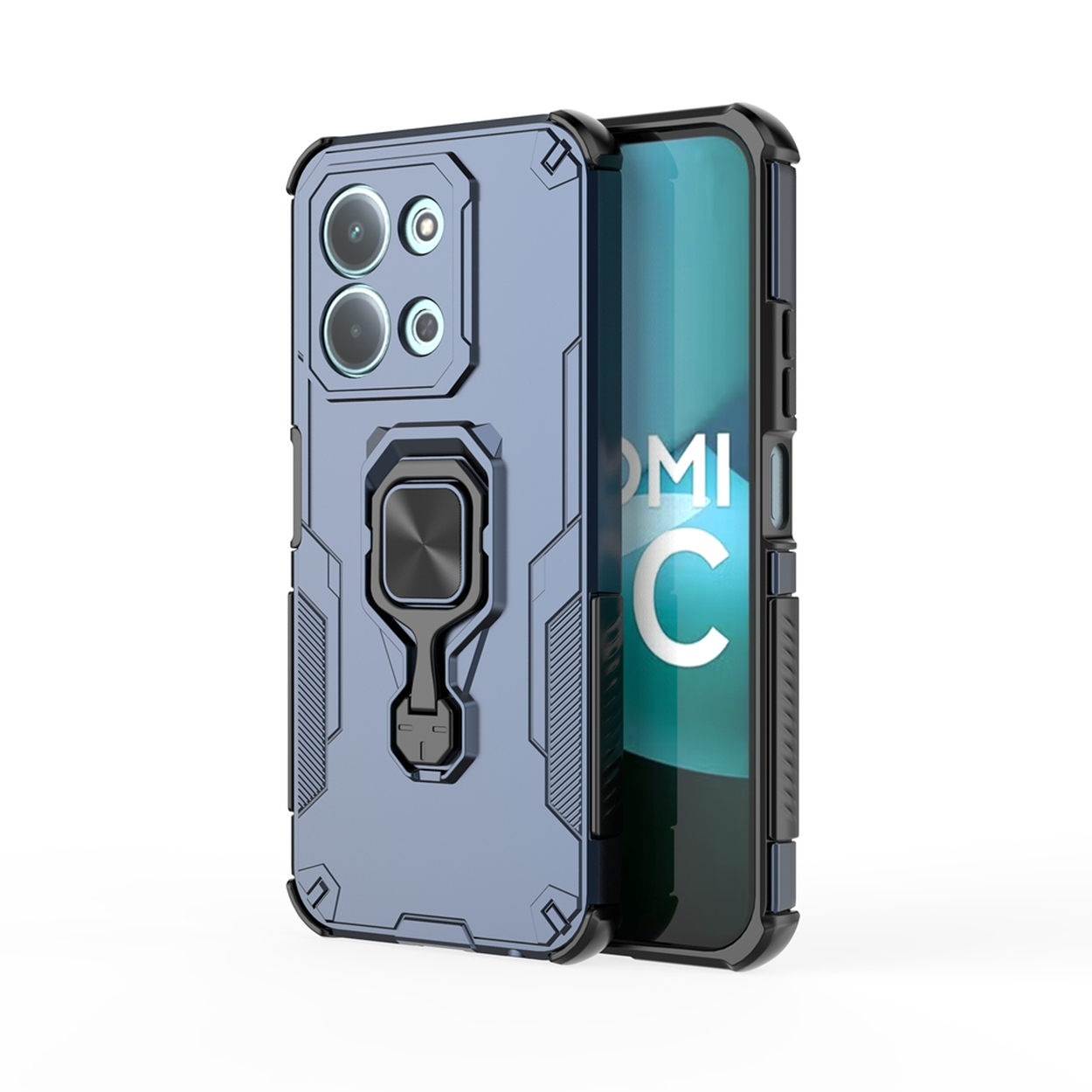 Blauwe telefoonhoes met ringhouder en een telefoon met een 'MI C' scherm.