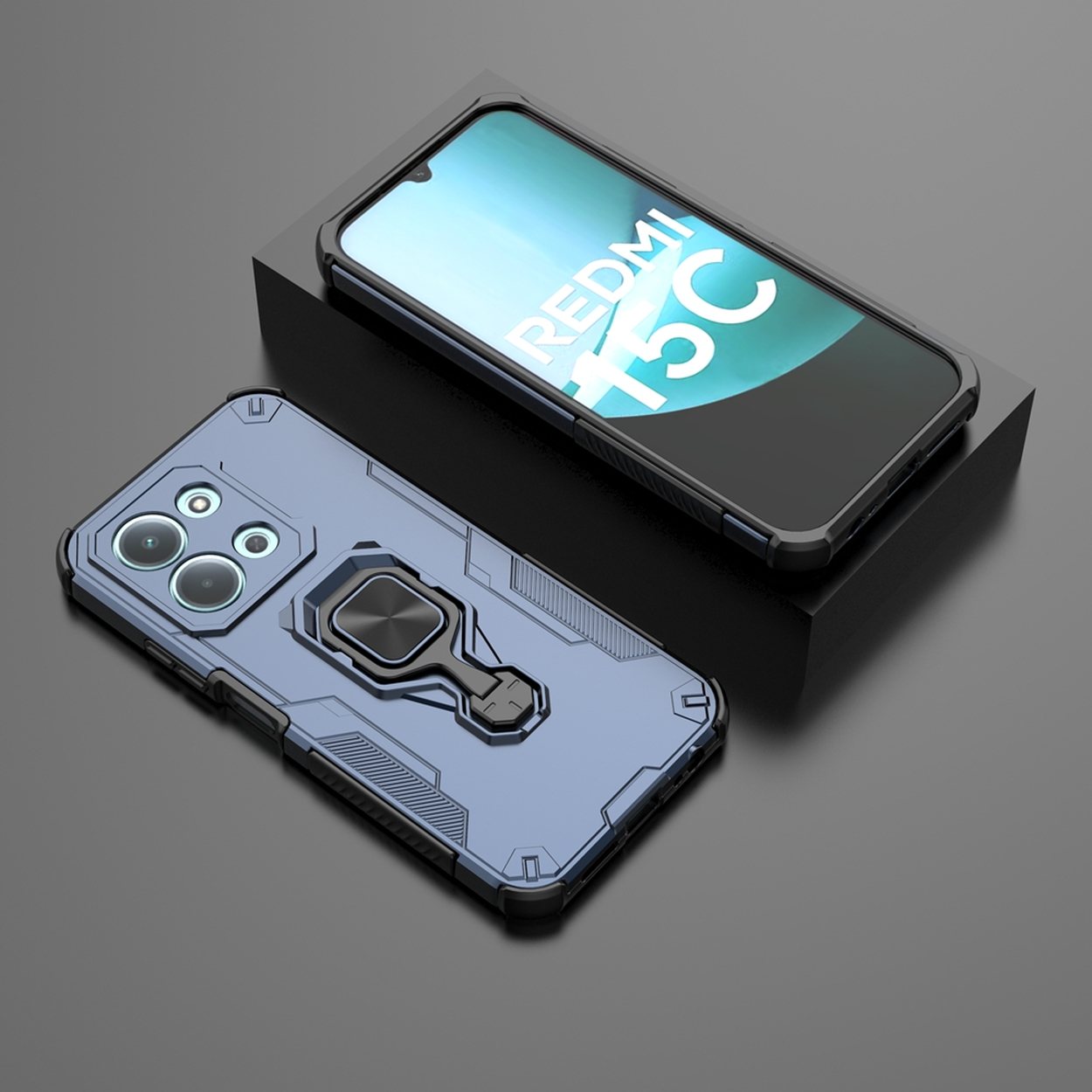 Twee telefoonhoesjes: één met een telefoon met 'Redmi T5C', een andere blauw met een ringhouder, beide op een donker oppervlak.