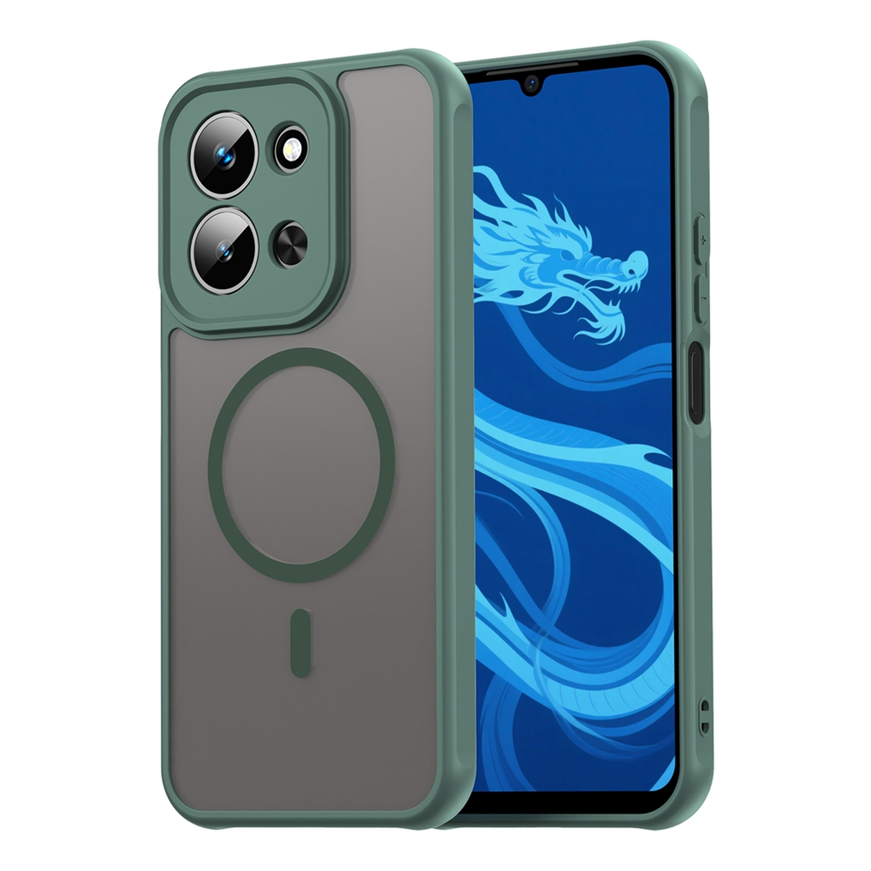 Une coque de téléphone verte avec dos transparent et découpes pour l'appareil photo. L'écran affiche un dragon bleu.