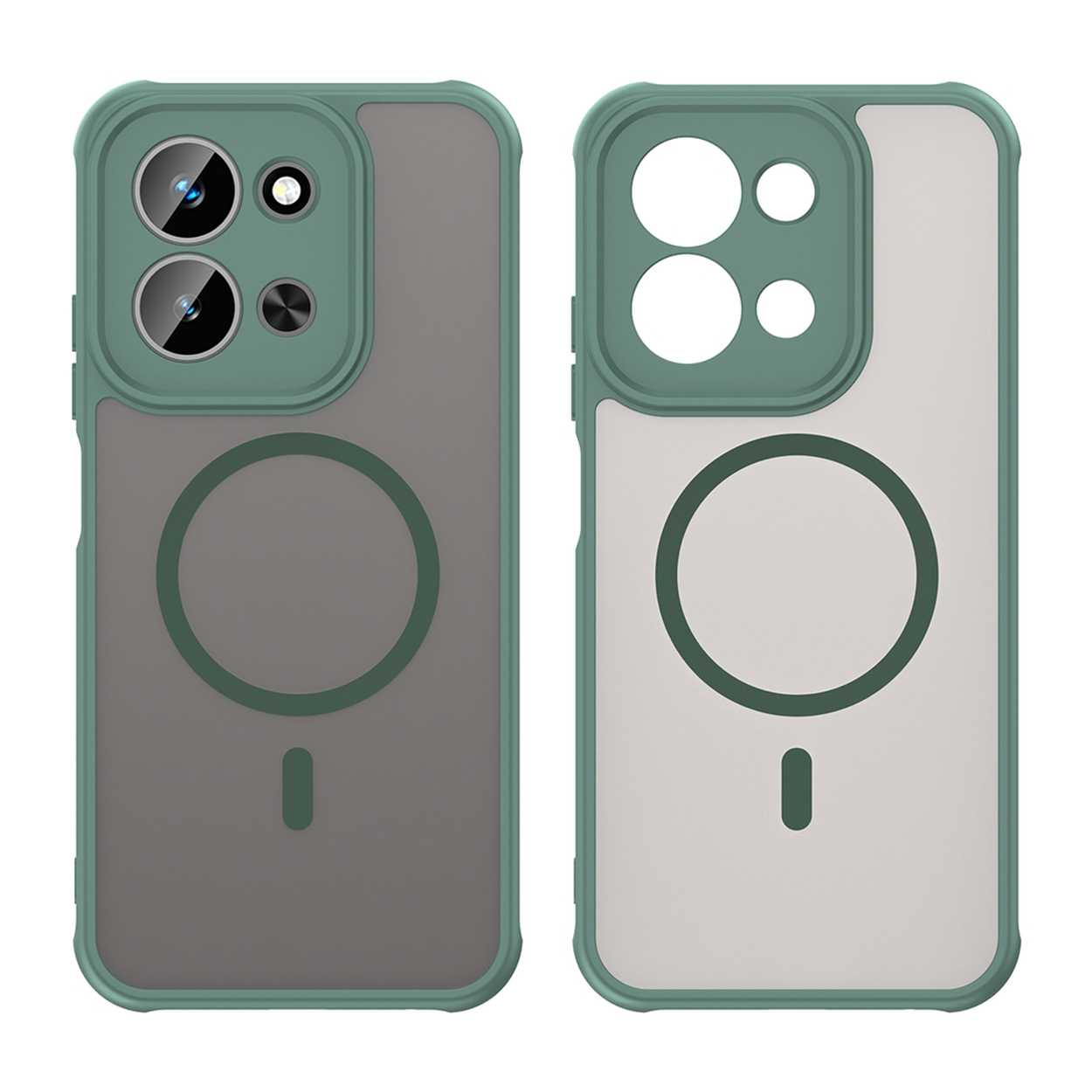 Deux coques de téléphone. L'une a des lentilles de caméra, l'autre a des découpes pour lentilles. Les deux ont des bords verts, avec un cercle et un tiret.