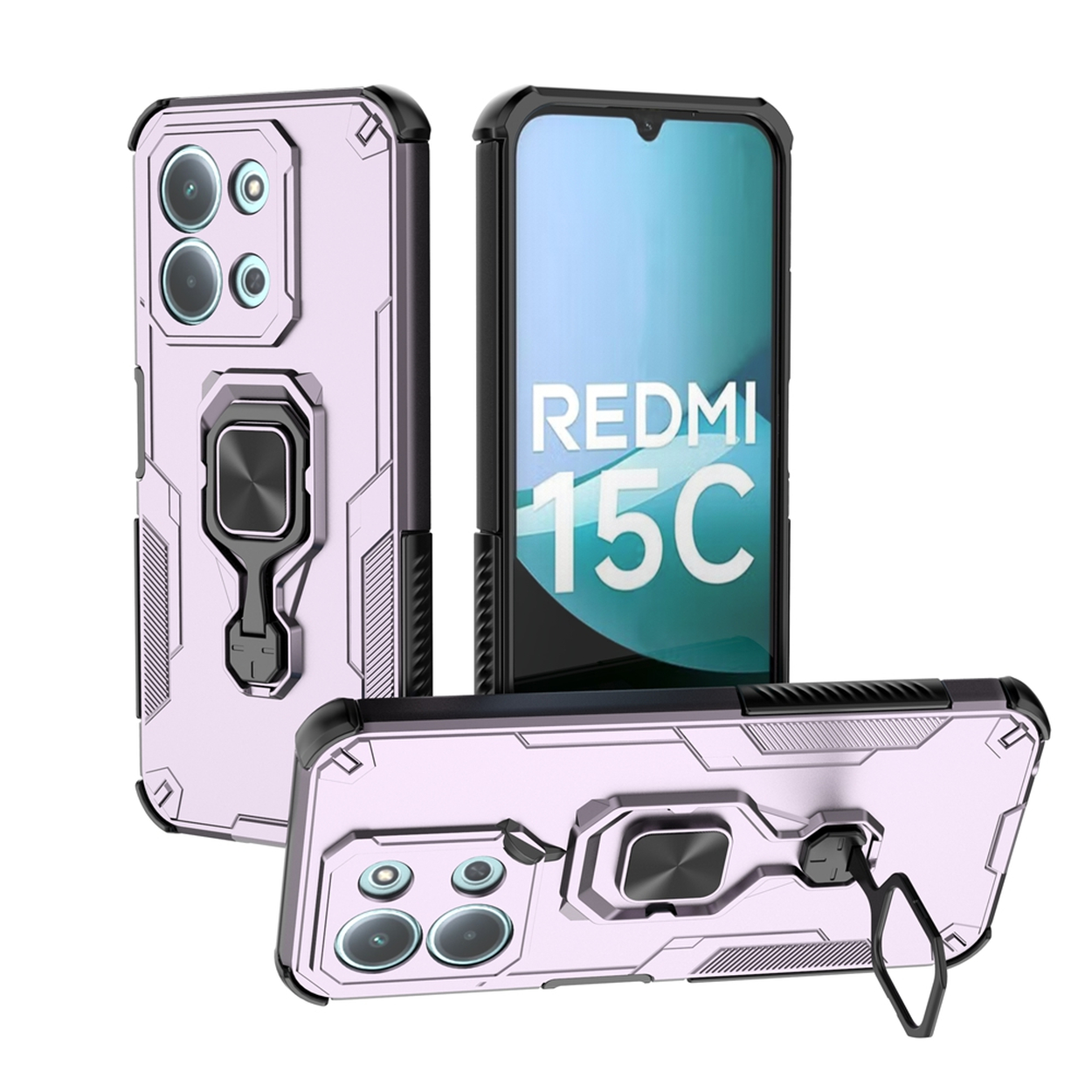 Trois étuis pour Redmi 15C. Les étuis sont violets et noirs, avec un support d'anneau. Un étui contient un téléphone avec le texte Redmi 15C.
