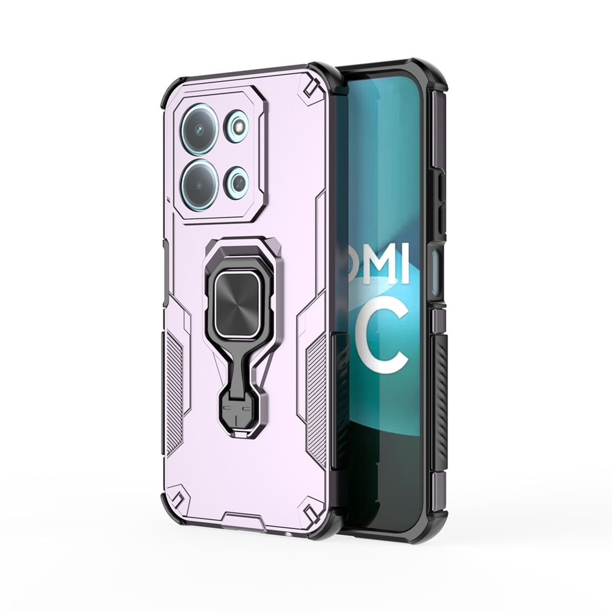 Une coque de téléphone violet clair avec des accents noirs, avec une découpe caméra, un support de bague et 'MI C'.