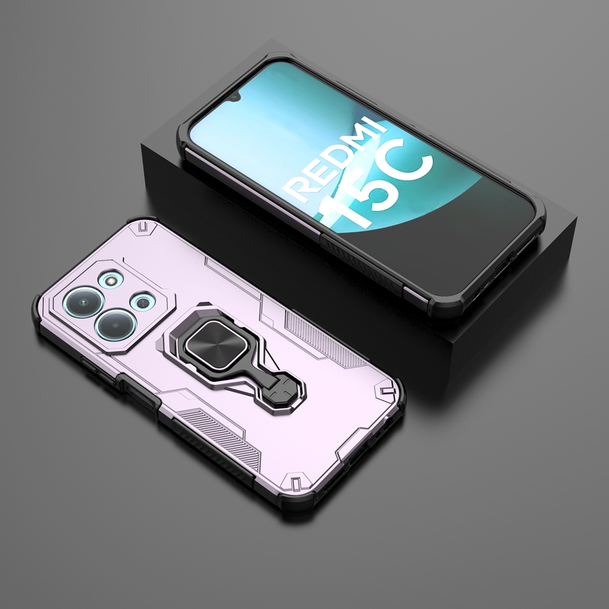 Deux étuis de téléphone et un téléphone. Un étui est violet clair avec un support d'anneau. L'autre contient un téléphone avec un écran Redmi 15C.