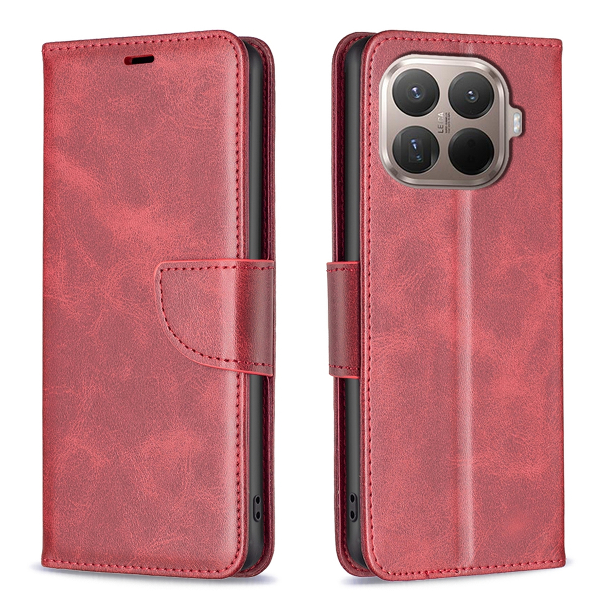 Étui de téléphone en cuir rouge, ouvert pour révéler le téléphone. Dispose d'un fermoir magnétique, d'ouvertures pour l'appareil photo et d'une finition texturée.