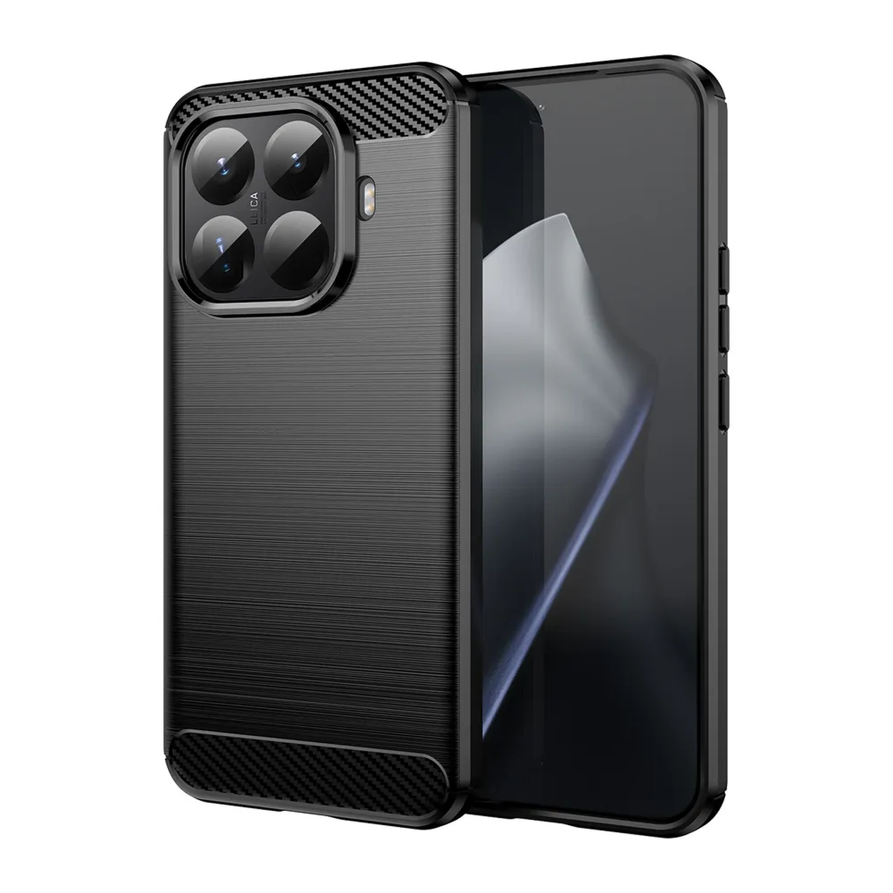 Coque de téléphone noire avec protubérance pour appareil photo, quatre lentilles et accents en fibre de carbone. Écran visible.