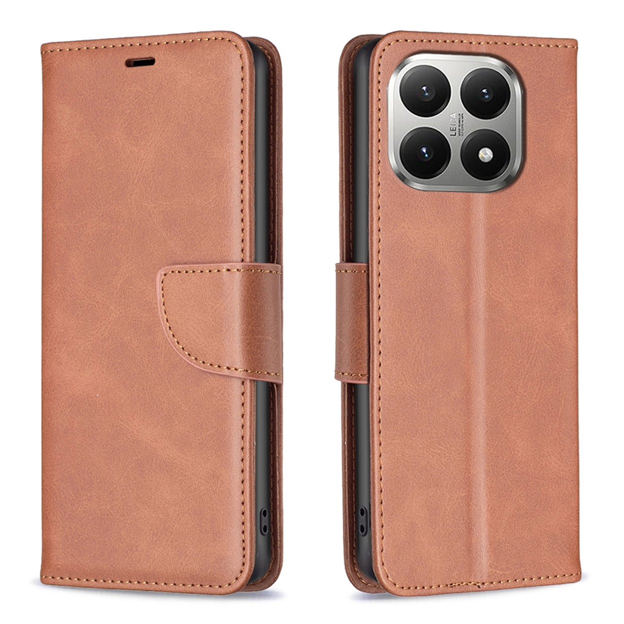 Étui de téléphone en cuir marron. Comporte une fermeture magnétique, des coutures et un objectif avec quatre cercles.