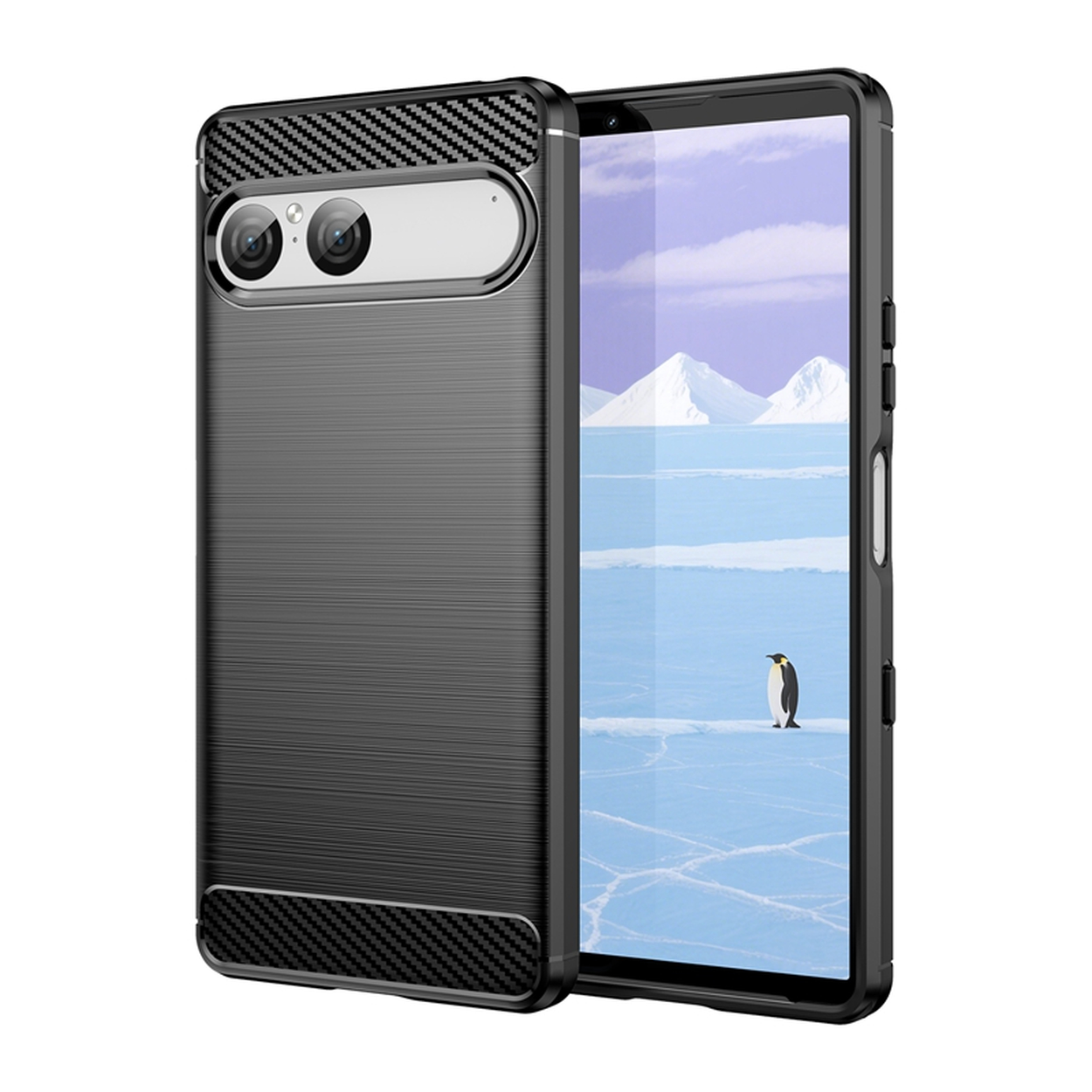 Coque de téléphone noire avec un écran montrant une scène arctique avec un pingouin. L'étui est à côté du téléphone.