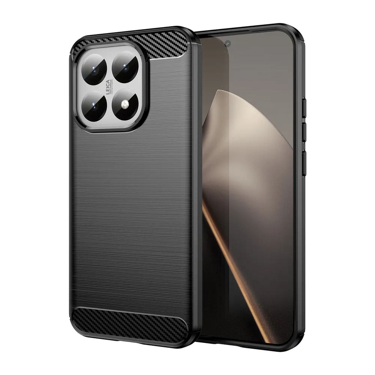 Zwarte telefoonhoes met zichtbare cameralenzen. Het scherm van de telefoon is ook zichtbaar, met een lichte achtergrond.