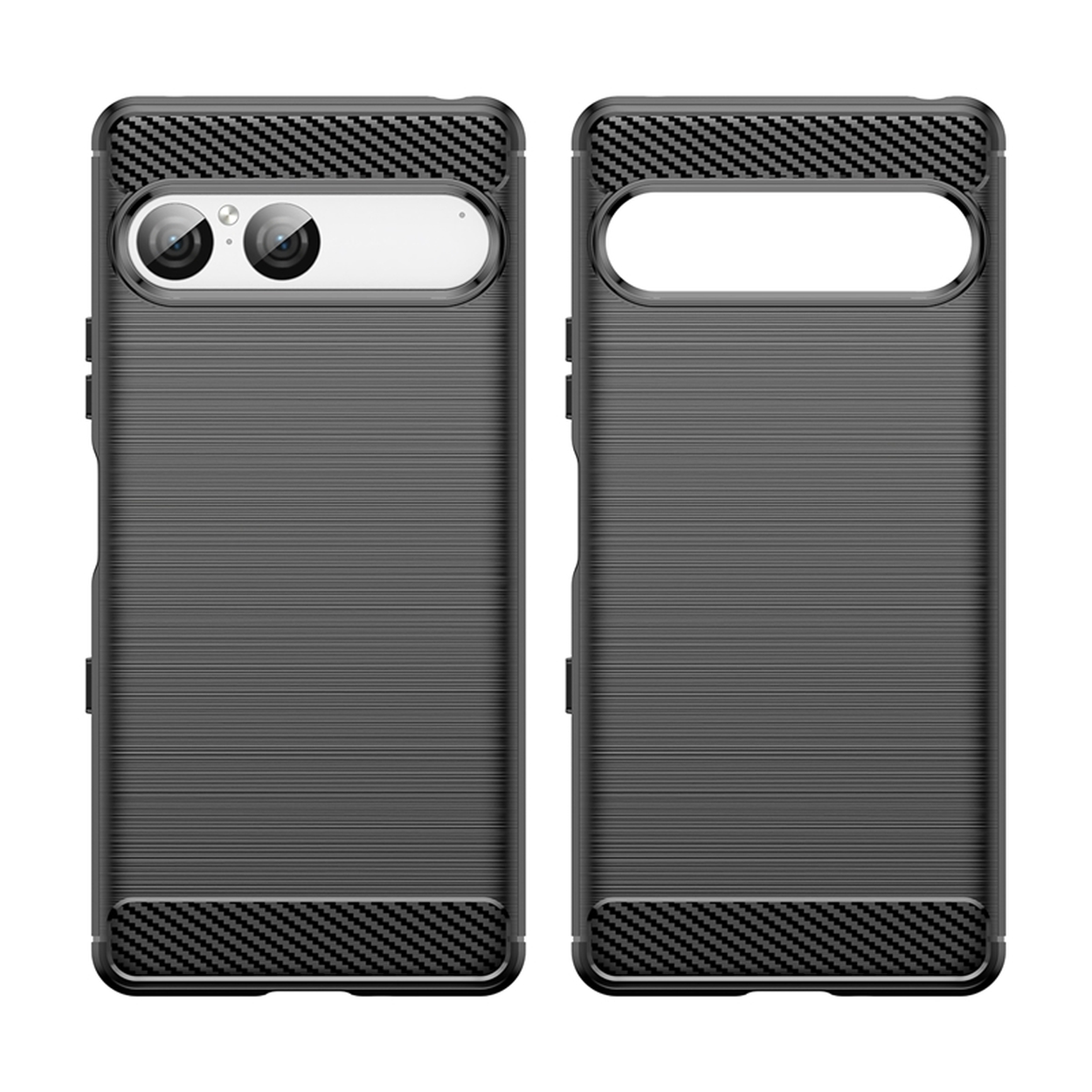 Deux coques de téléphone noires. L'une a des découpes pour l'appareil photo, l'autre une grande découpe. Les deux ont des surfaces texturées et des accents en fibre de carbone.