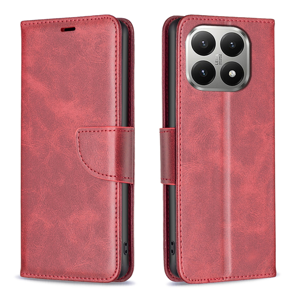 Een rode leren telefoonhoes, open en dicht. De gesloten hoes heeft een magnetische band. De open hoes onthult de telefoon en cameralenzen.