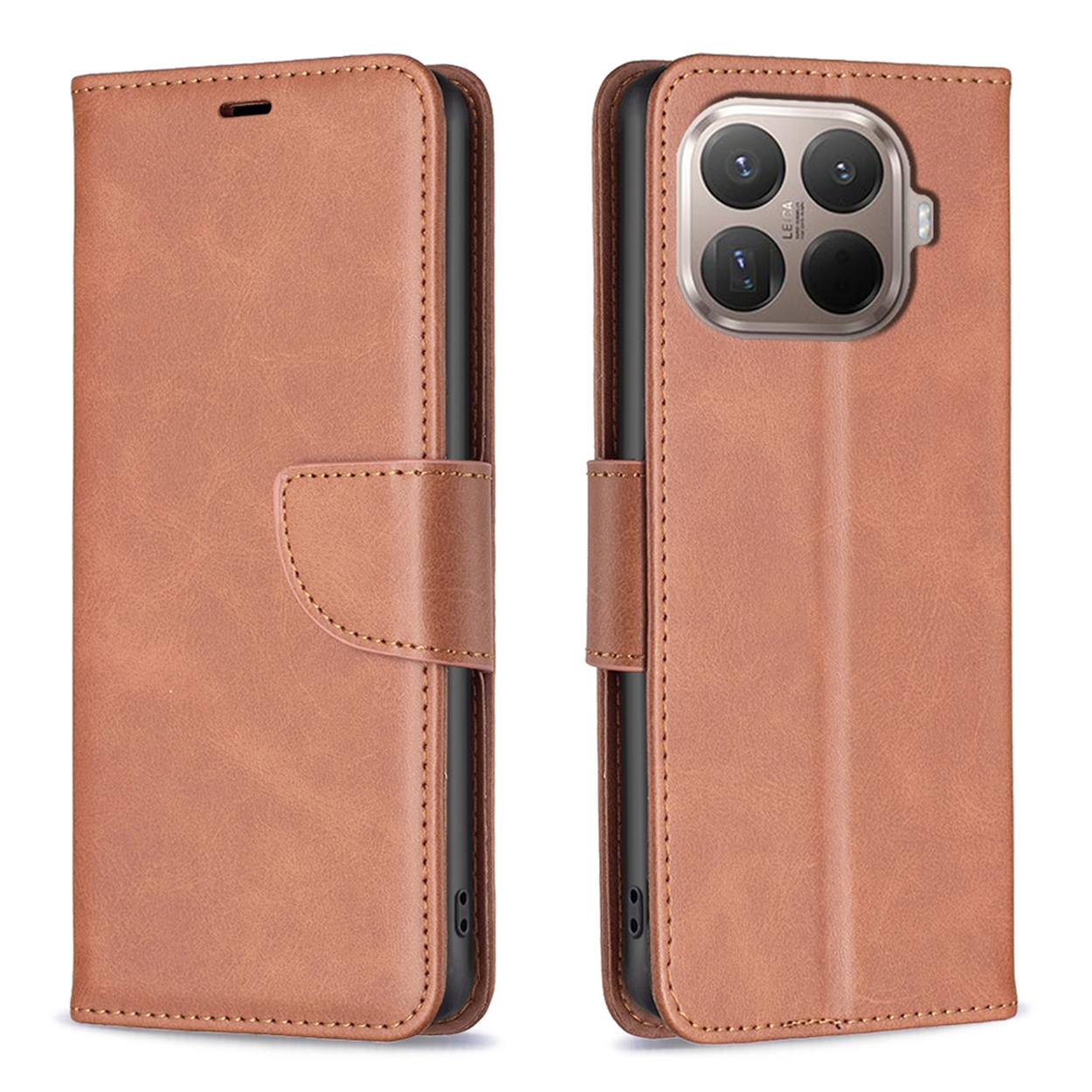 Bruine leren telefoonhoes, open en dicht. De open kant toont een telefoon met meerdere camera's. De gesloten kant heeft een bandje.