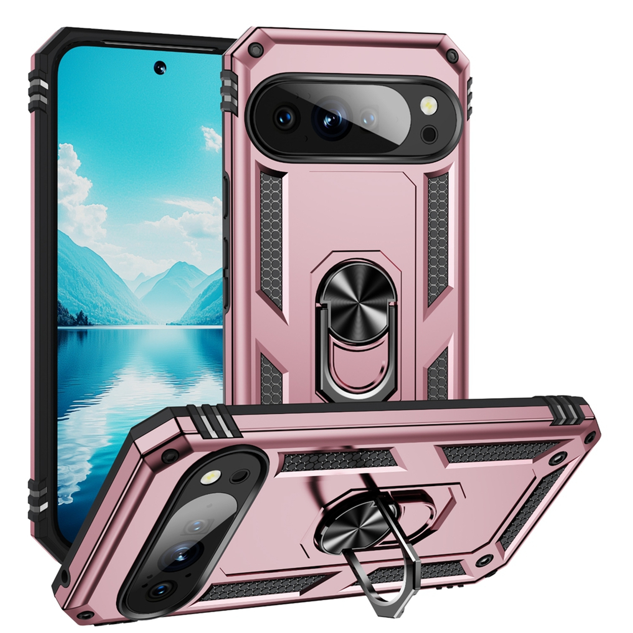 Een roségouden telefoonhoesje met een ringhouder. Het scherm toont een berglandschap. Een ander hoesje onderaan.