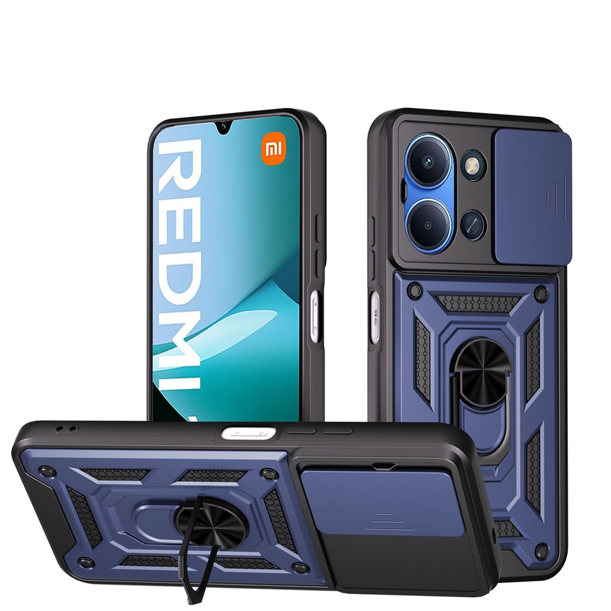 Trois étuis de téléphone Xiaomi Redmi. Un affiche l'écran avec le texte Redmi, les autres montrent l'arrière avec protection de caméra.