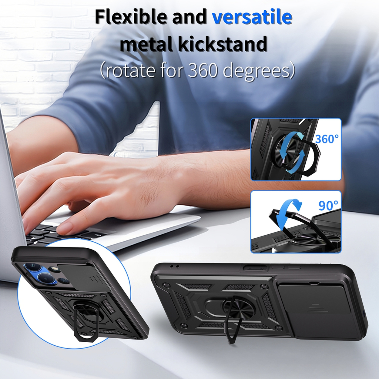 L'image montre un étui de téléphone noir avec une béquille en métal et une personne utilisant un ordinateur portable. Le texte dit 'Béquille en métal flexible et polyvalente'.