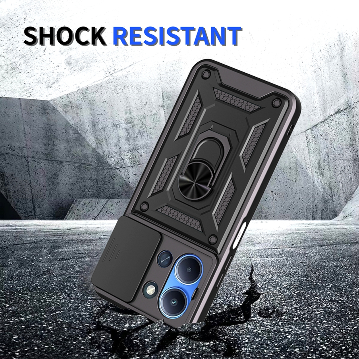Une coque de téléphone noire avec un support d'anneau et un protecteur de caméra, sur une surface fissurée. Le texte 'SHOCK RESISTANT' est visible.