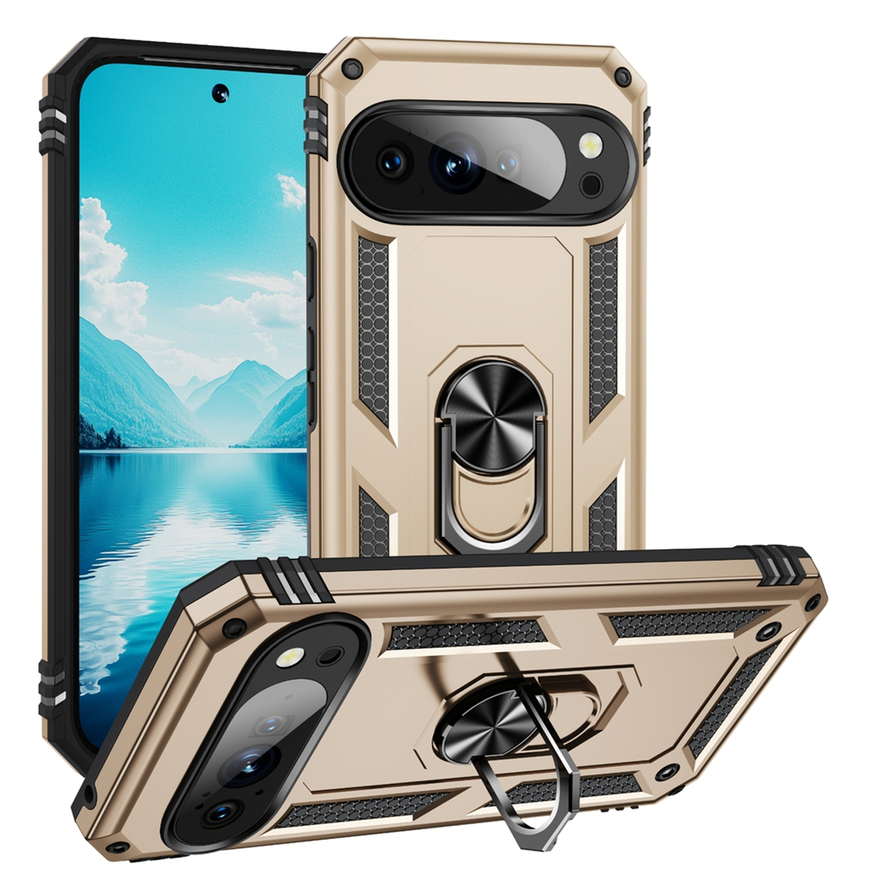 Gouden telefoonhoesje met een ringhouder, schuin om de camera en het scherm met uitzicht op de bergen te laten zien.