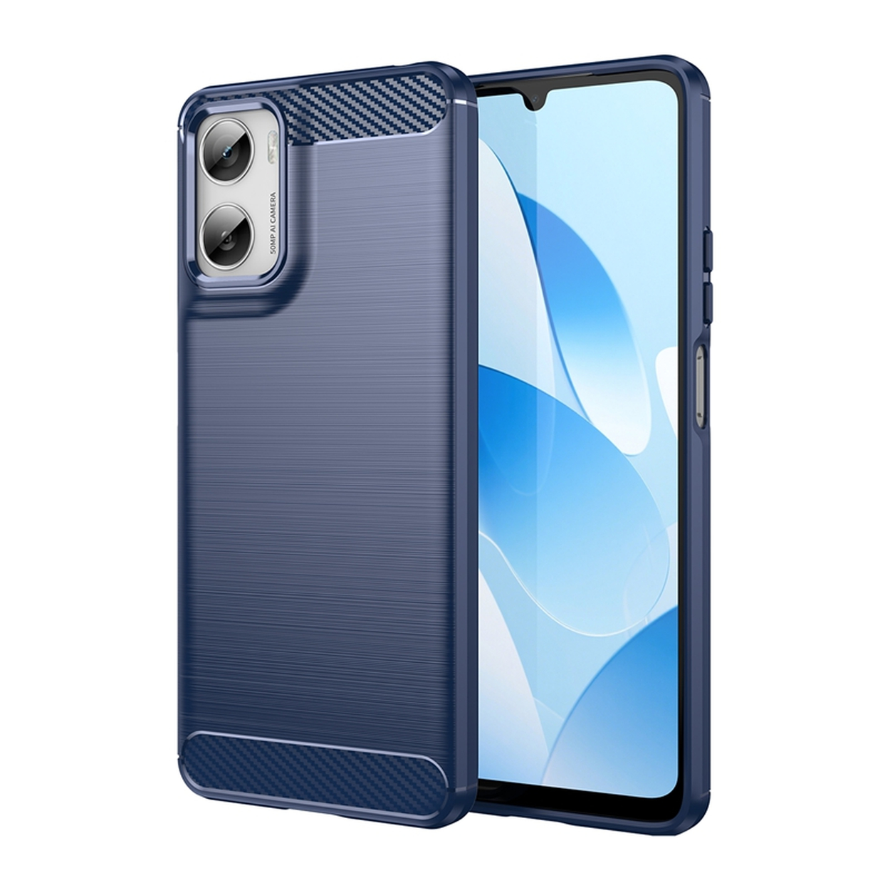 A blue phone case with a phone inside. The case has a textured back and a carbon fiber design on top and bottom.