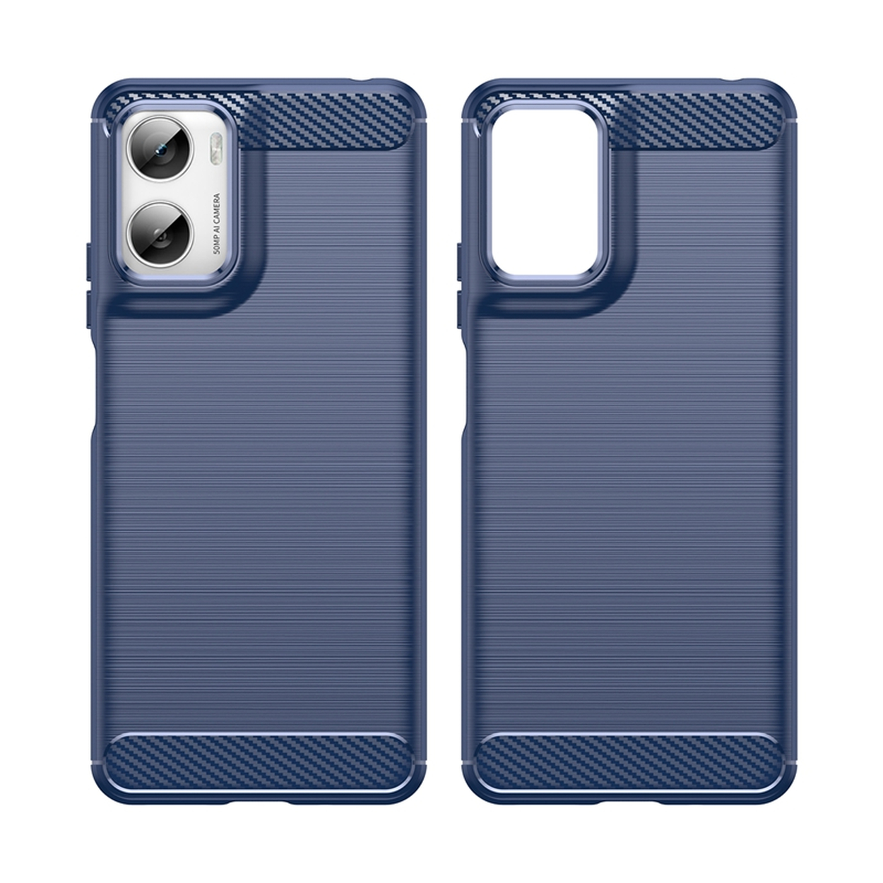 Two blue phone cases. One has a camera cutout and the other has a rectangular cutout. Both have textured surfaces and carbon fiber accents.