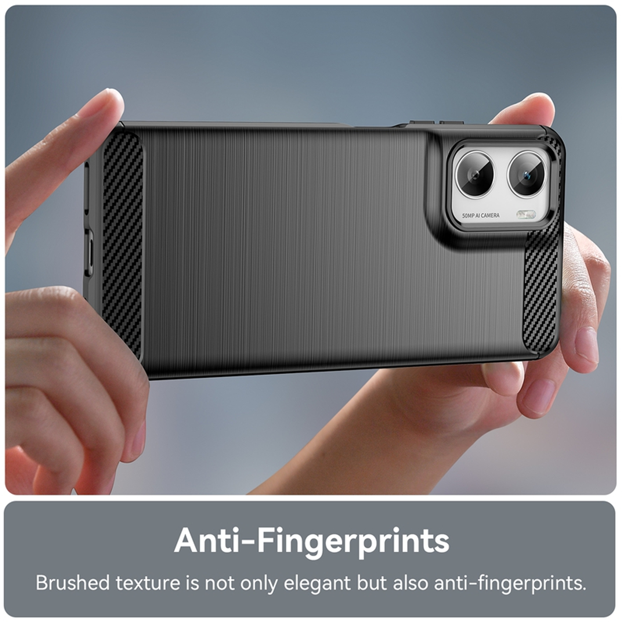 A phone case is held by hands. The case is dark gray with a camera. Text: Anti-Fingerprints, brushed texture is anti-fingerprints.