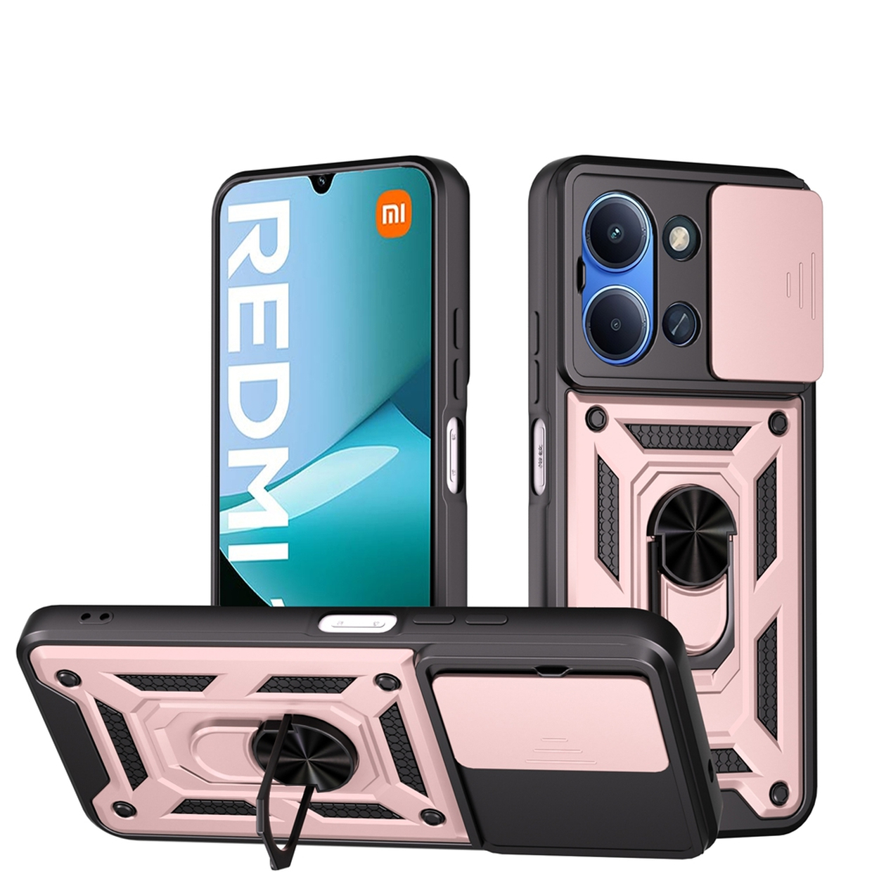 Een telefoonhoesje met een roze en zwart design. Het heeft een Redmi-telefoon en een cameralens.