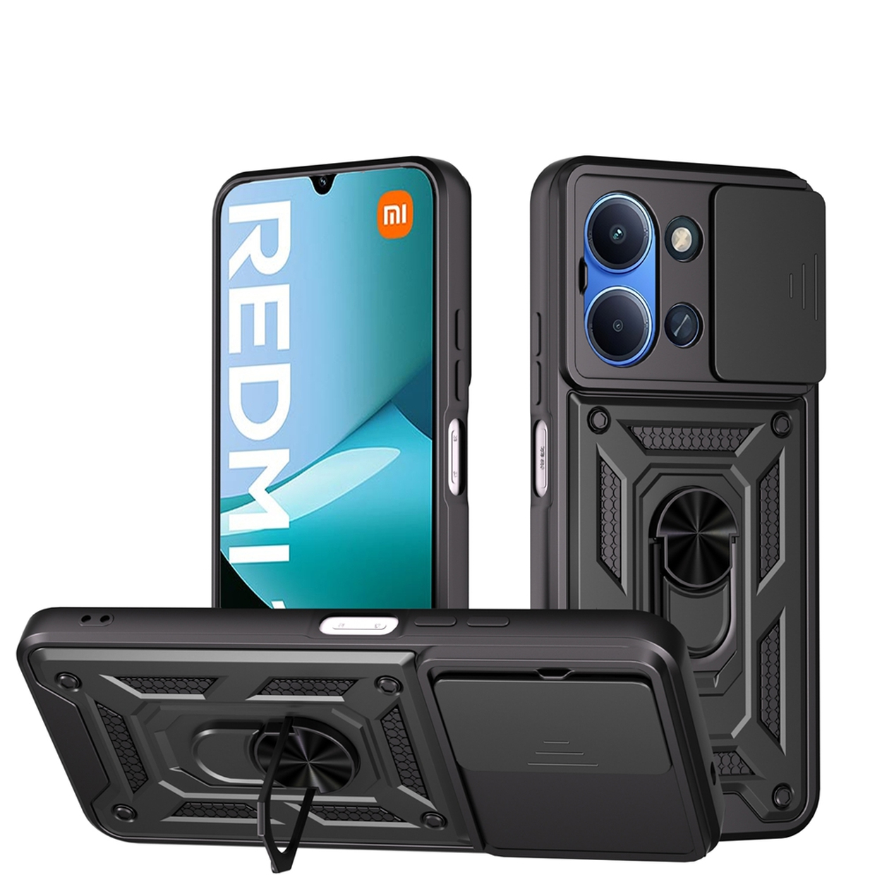 Ensemble de coques de téléphone noires avec trois pièces : téléphone, coque arrière avec protection d'appareil photo et support.