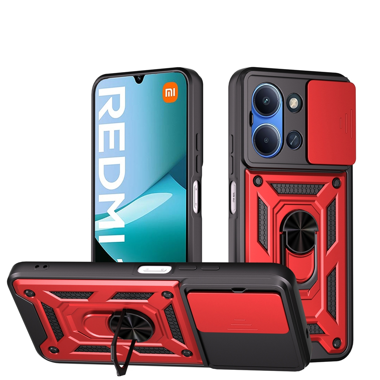 Un téléphone Redmi dans un étui noir et rouge. L'étui possède un cache caméra coulissant, un support d'anneau et un design géométrique.