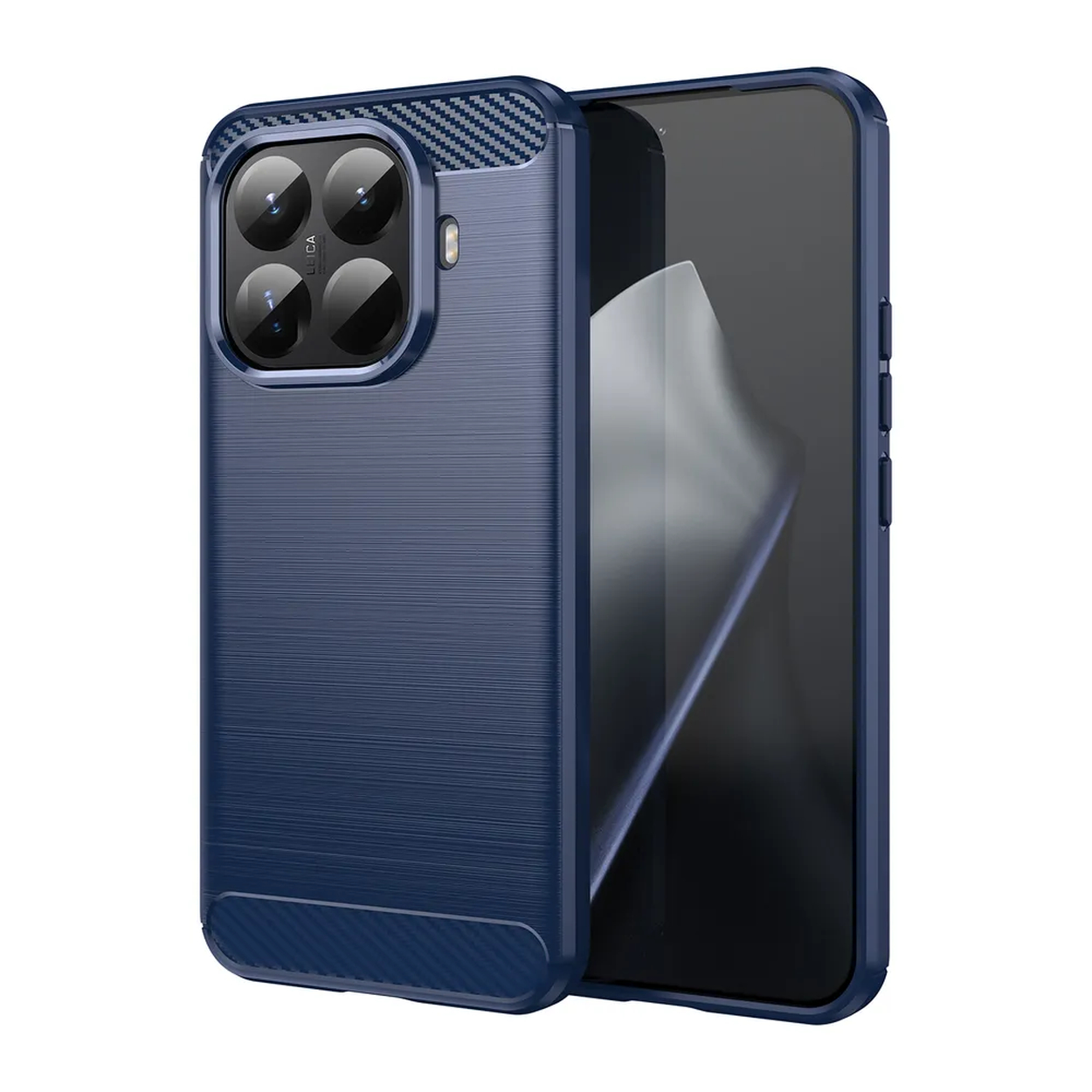 Een donkerblauwe telefoonhoes met een telefoon erin. De hoes heeft een textuur op de achterkant en een cameramodule met vier lenzen.