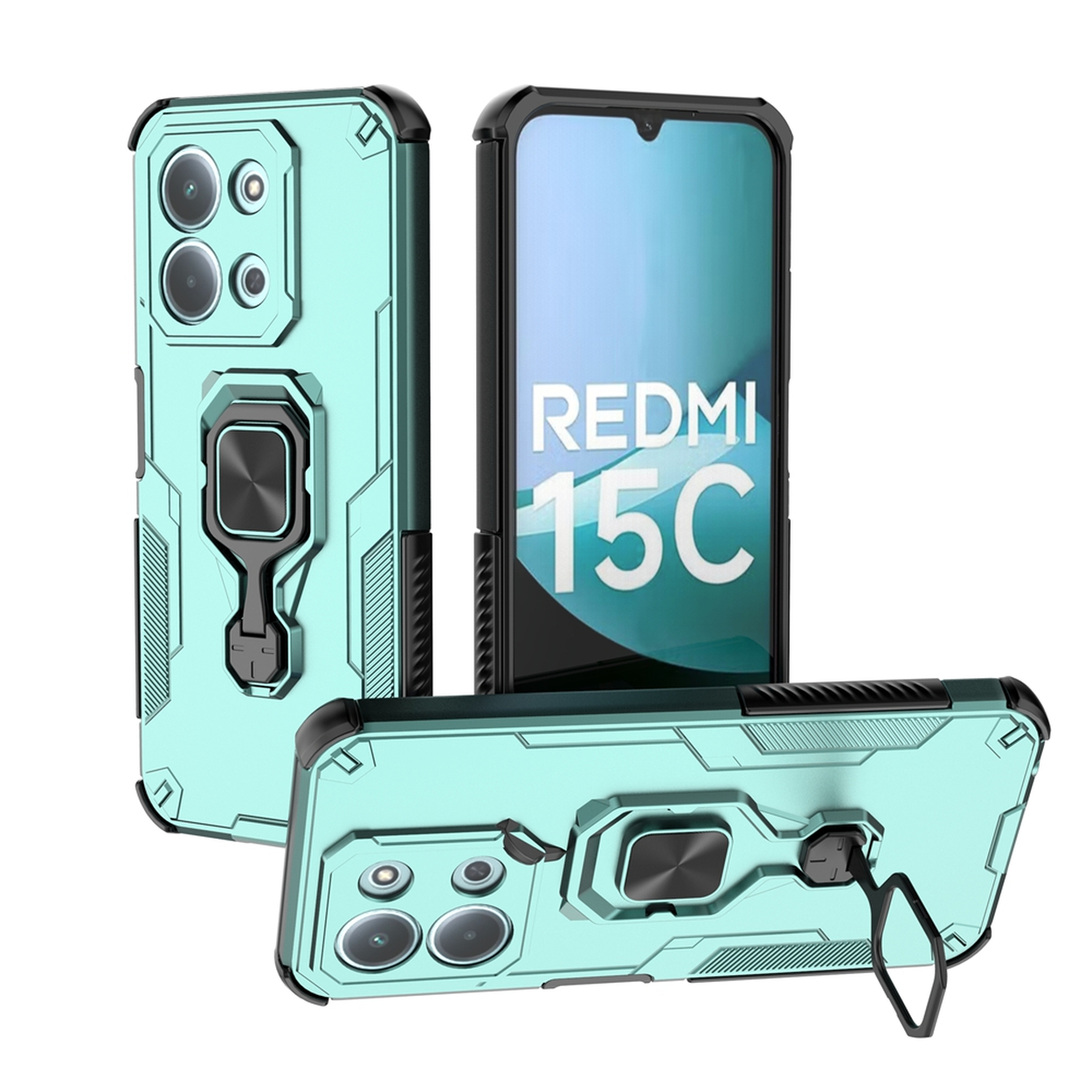 Drie telefoonhoesjes: één met het telefoonscherm met 'REDMI 15C'. Twee hoesjes zijn lichtgroen. Eén heeft een ringhouder.
