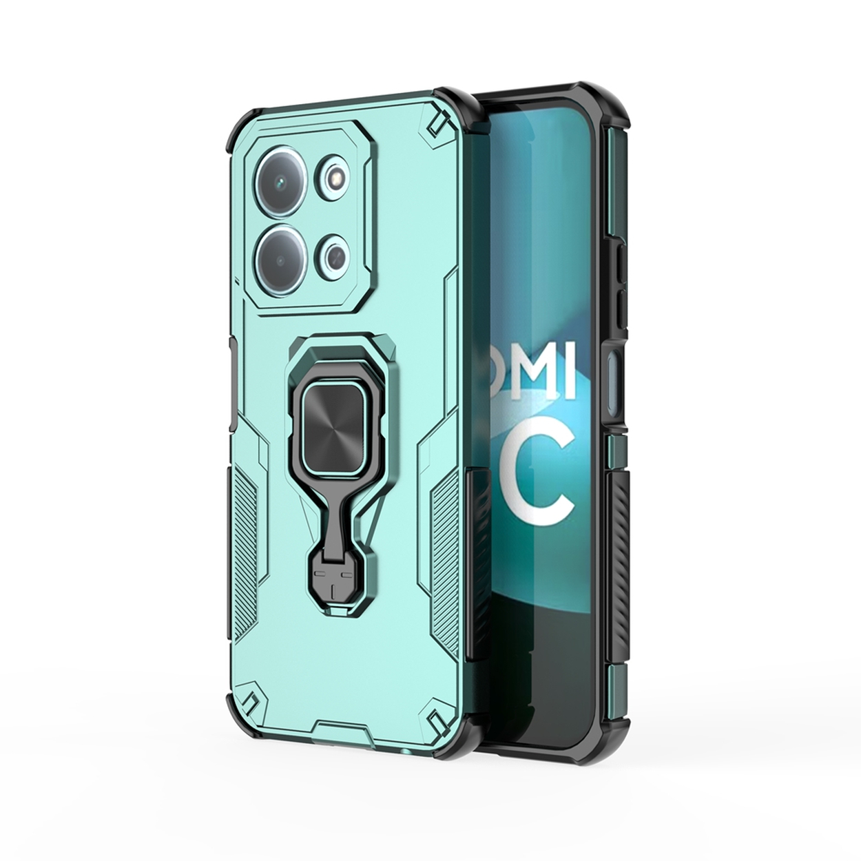 Een mintgroene telefoonhoes met een zwart frame. Het heeft een ringhouder en een cameramodule. Het scherm toont 'MI C'.