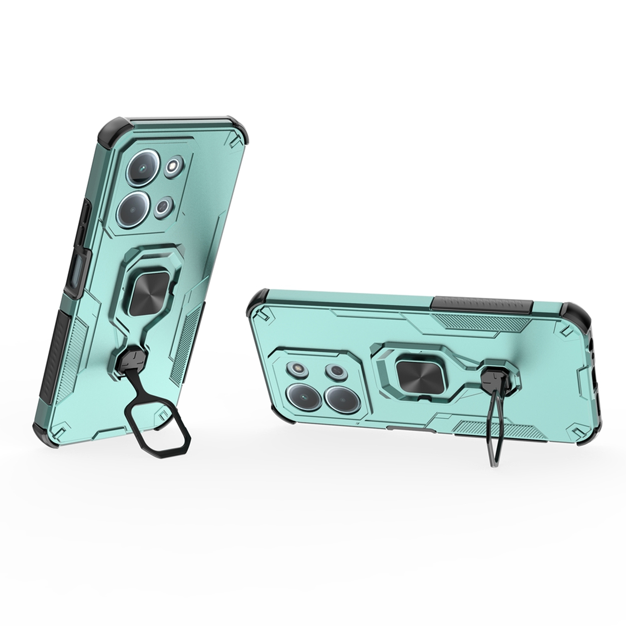 Twee blauwgroene telefoonhoesjes met zwarte accenten en ringhouders. Eén staat rechtop, de andere ligt horizontaal op een witte achtergrond.