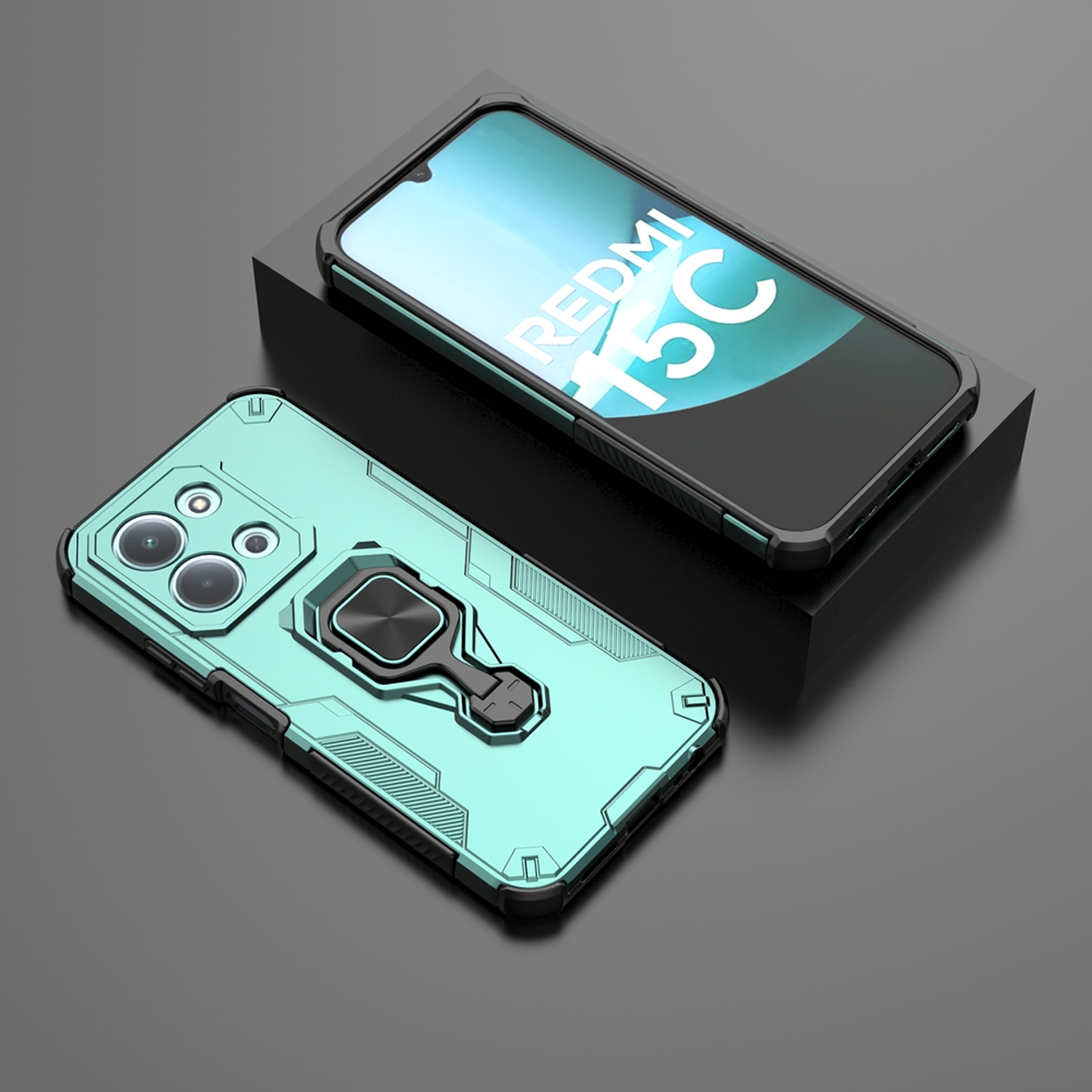 Twee telefoonhoesjes, één met een telefoon met 'Redmi 15C'. De hoesjes zijn blauwgroen en zwart, op een donker oppervlak.