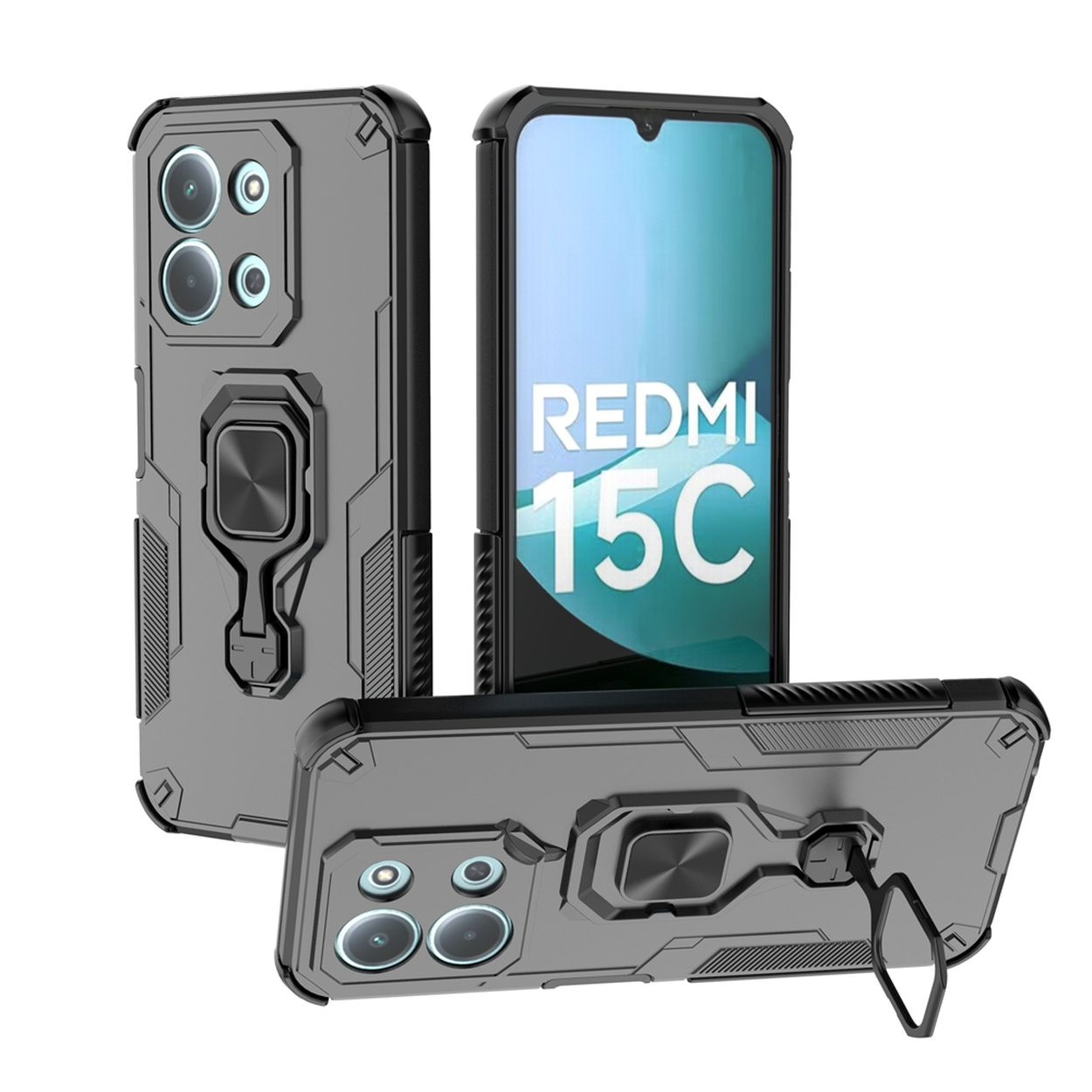 Drie grijze telefoonhoesjes, één met een telefoon met 'Redmi 15C'. Hoesjes hebben camera-uitsparingen, ringhouders en zwarte randen.
