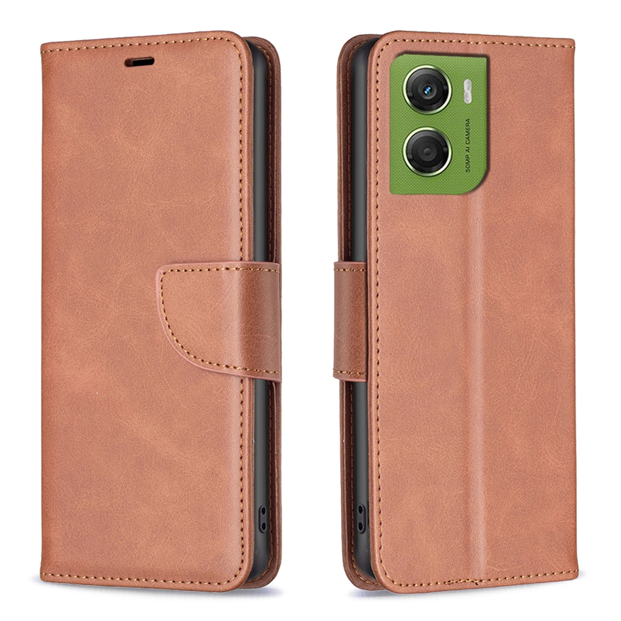 Étui de téléphone en cuir marron, ouvert pour révéler un téléphone. Comprend un appareil photo et une fermeture magnétique.