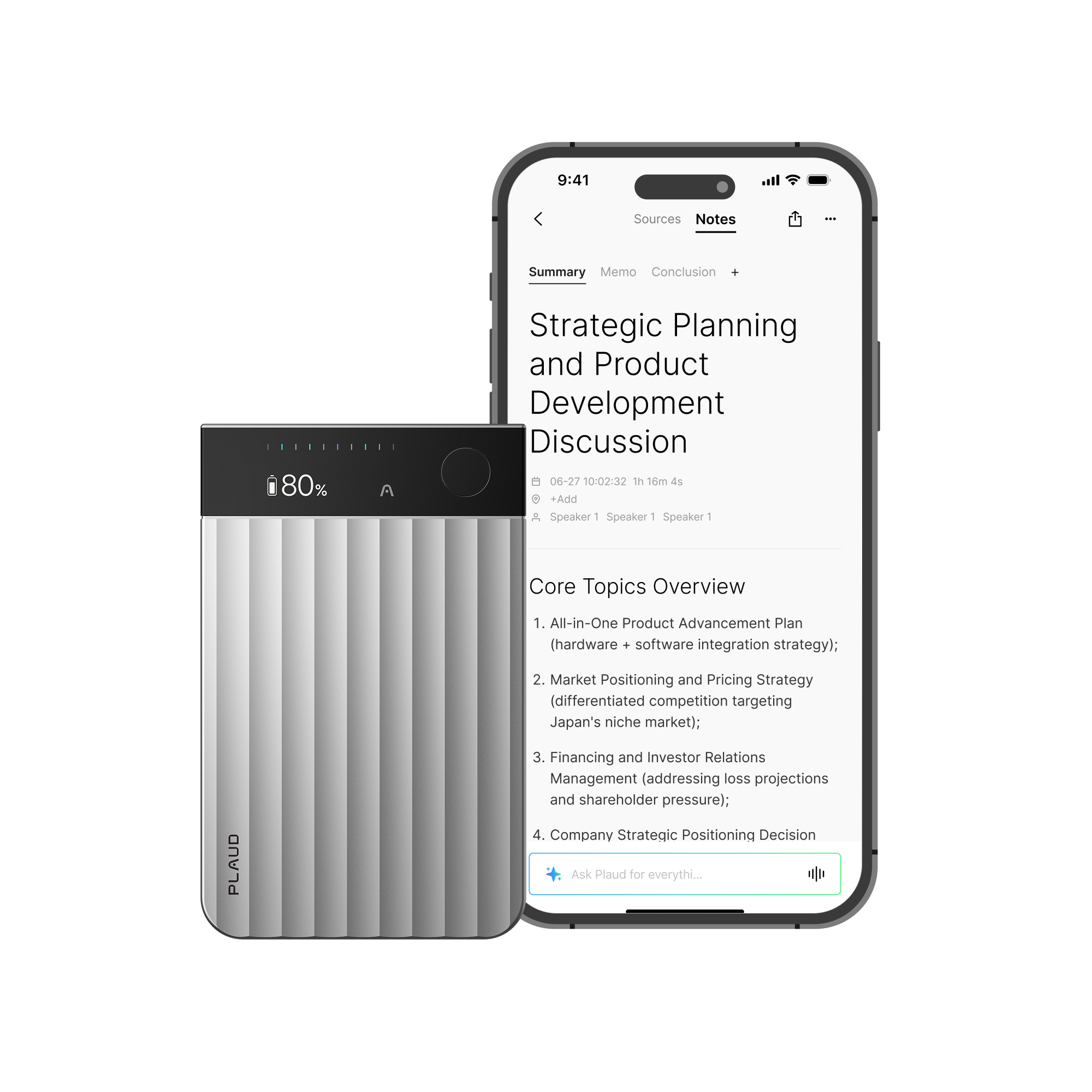 Telefon wyświetlający notatki dotyczące planowania strategicznego i szary rejestrator Plaud z 80% baterii.