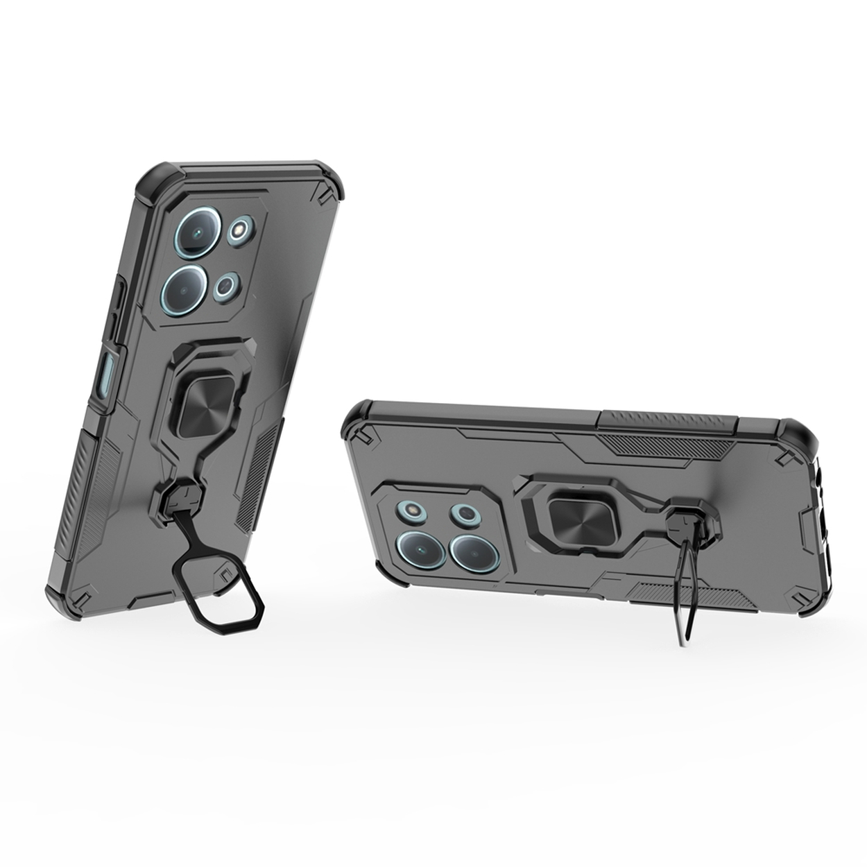 Twee grijze telefoonhoesjes met ringhouders. Eén staat rechtop, de andere ligt. Beide hebben uitsparingen voor de camera en een gestructureerd ontwerp.