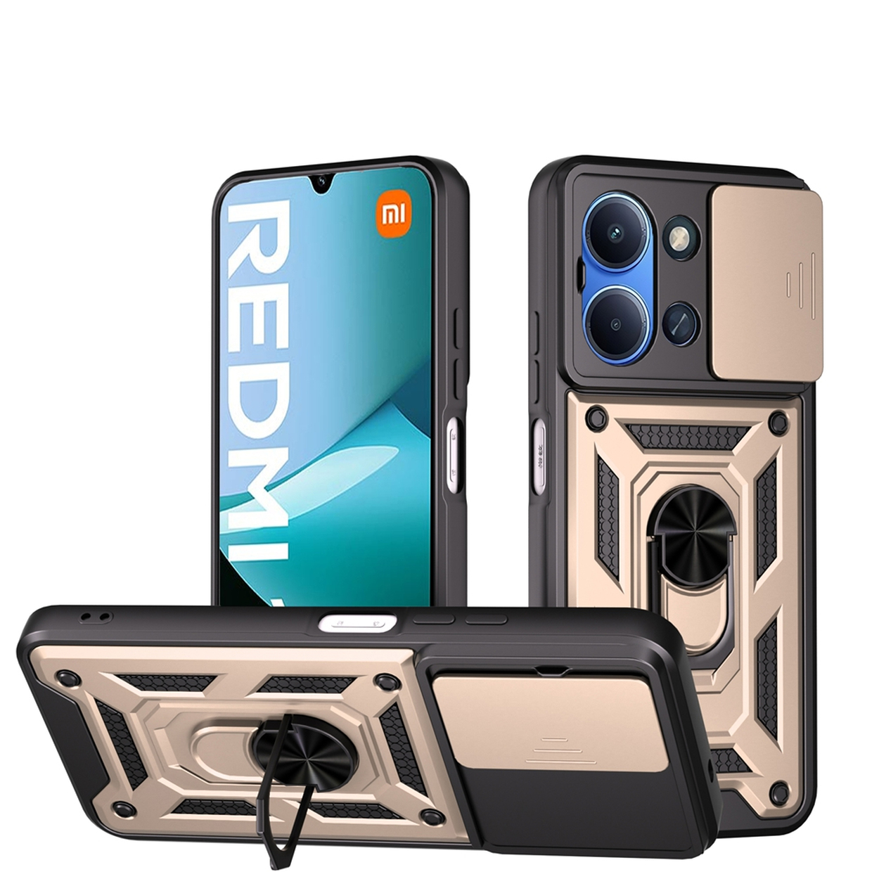Une coque de téléphone avec un design noir et or. Il y a un téléphone Redmi dedans. La coque a un support d'anneau et un cache caméra.