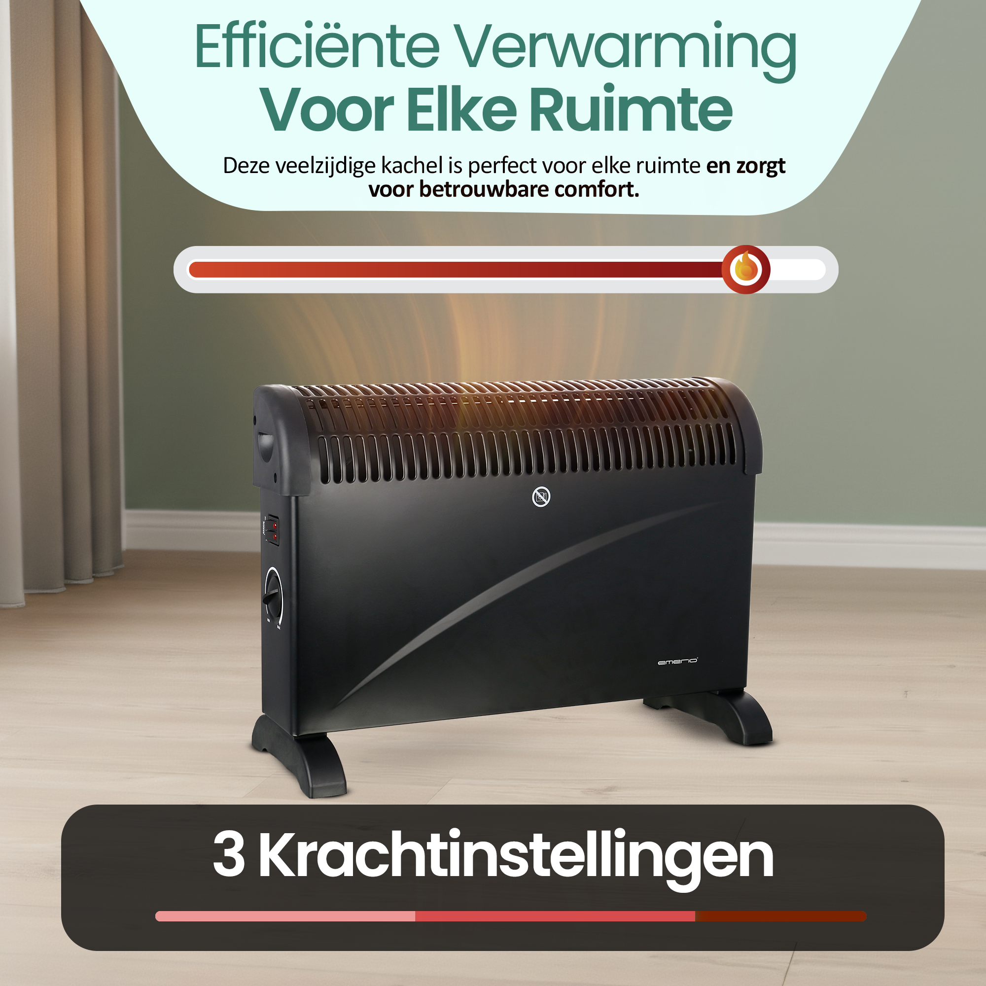 Een zwarte elektrische kachel staat in een kamer. Tekst: 'Efficiënt verwarmen voor elke ruimte'.