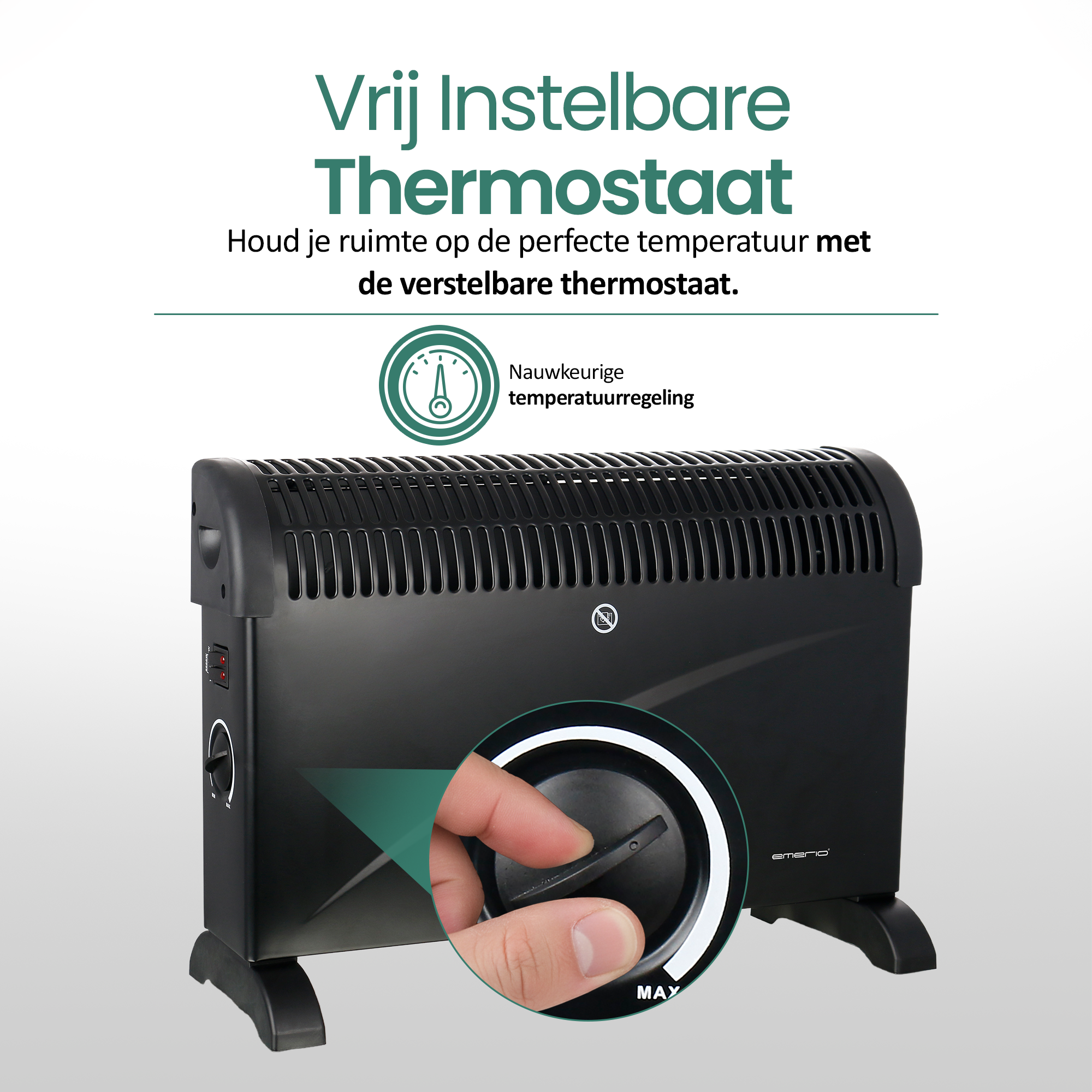 Een zwarte kachel met een hand die de temperatuurknop draait. Tekst: 'Verstelbare thermostaat'.