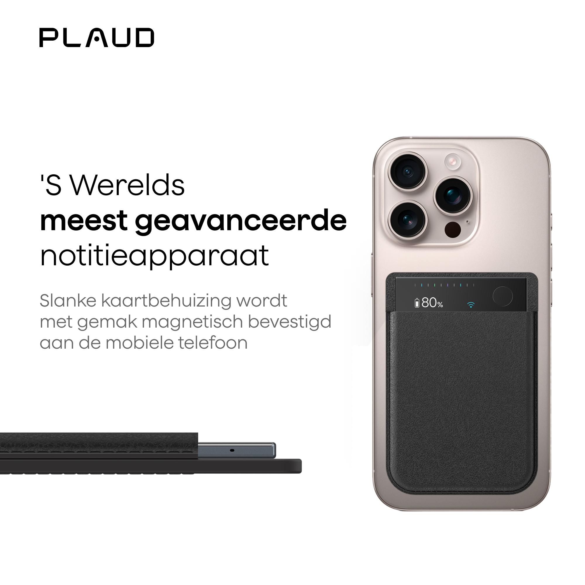 Etui na telefon z portfelem przymocowanym do telefonu. Telefon pokazuje poziom naładowania baterii. Tekst po lewej stronie.