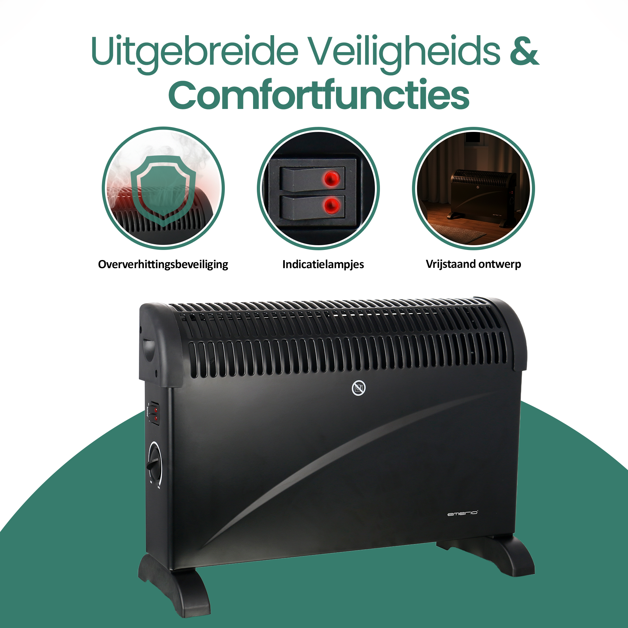 Zwarte elektrische kachel met veiligheidsfuncties. Het heeft een rooster, bedieningsknoppen en indicatielampjes.